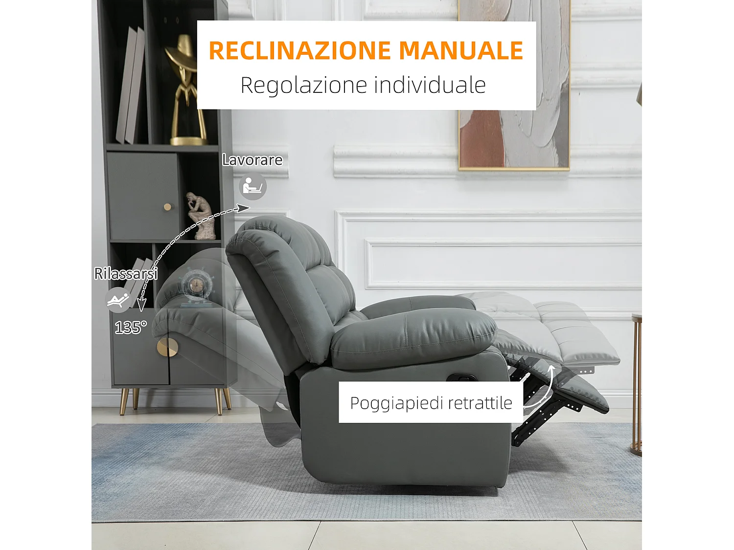 Divano 2 posti reclinabile di 135° con schienale diviso grigio