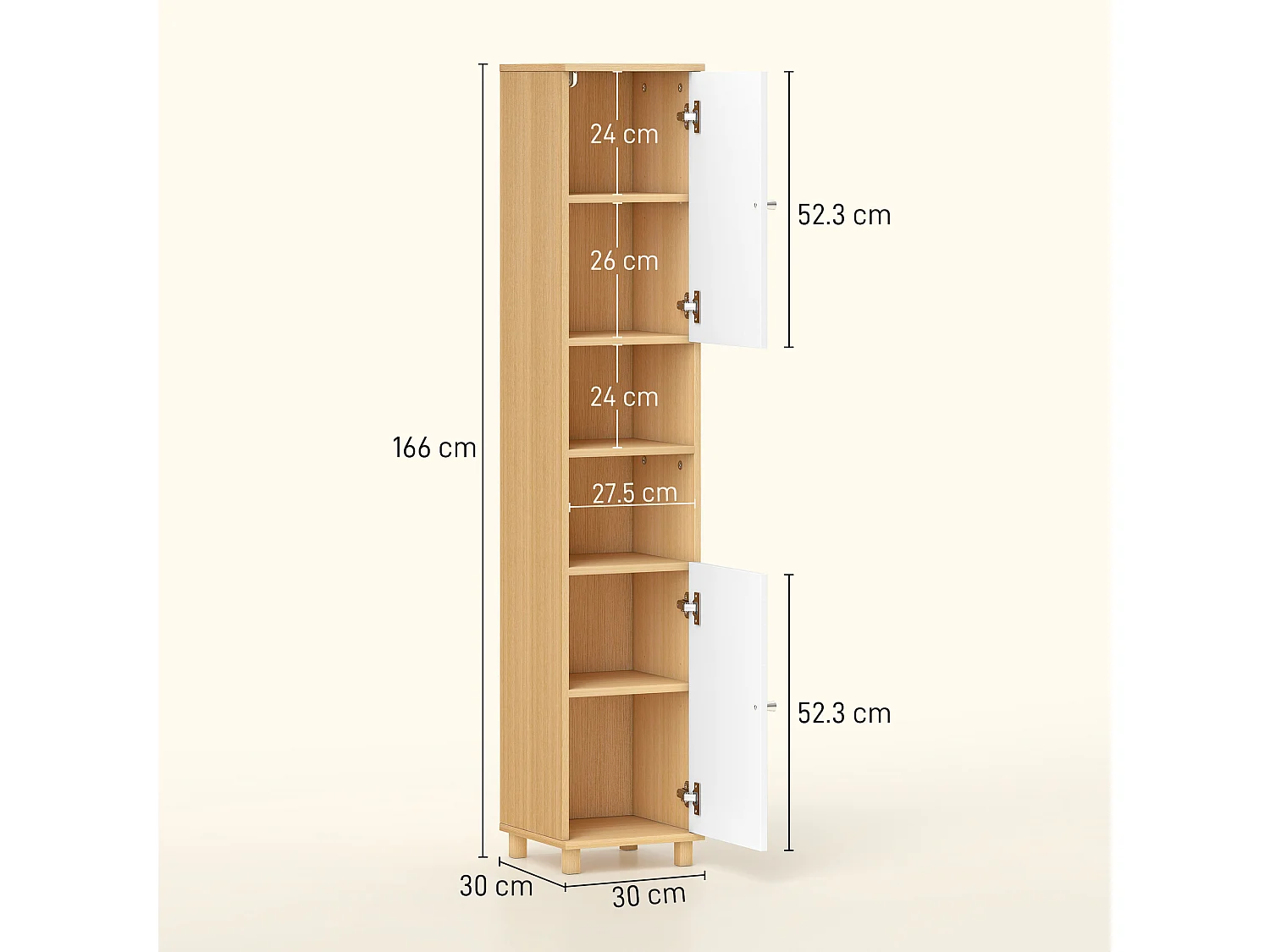 Colonna bagno con 2 armadietti e ripiani aperti bianco e legno