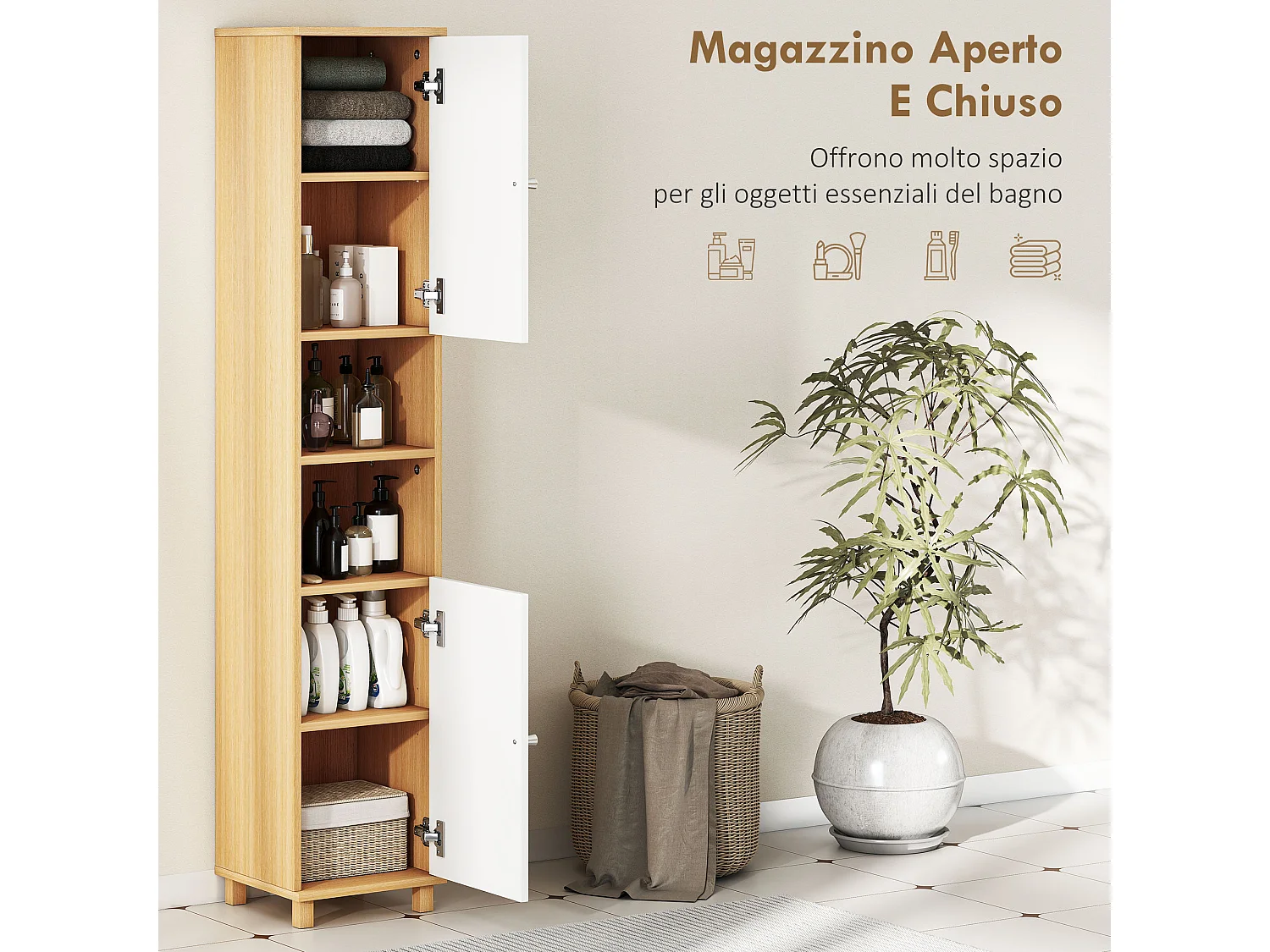 Colonna bagno con 2 armadietti e ripiani aperti bianco e legno