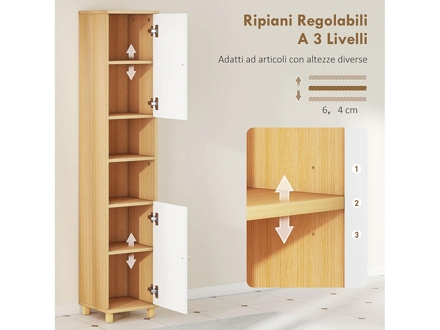 Colonna bagno con 2 armadietti e ripiani aperti bianco e legno