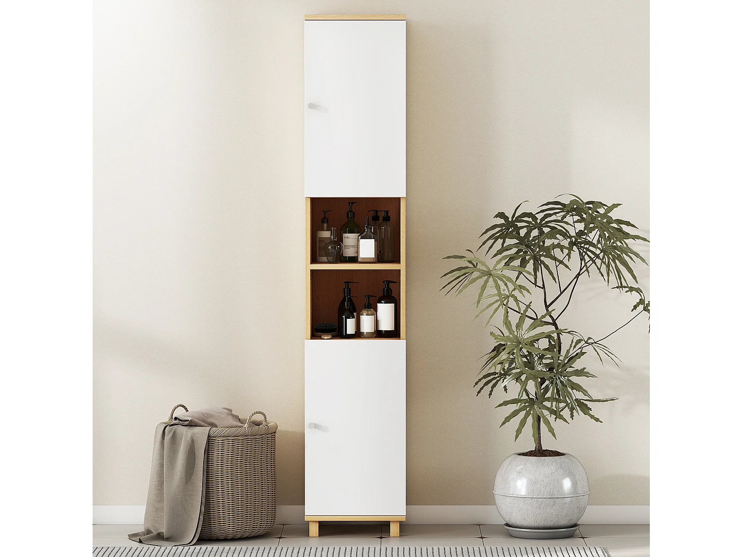 Colonna bagno con 2 armadietti e ripiani aperti bianco e legno