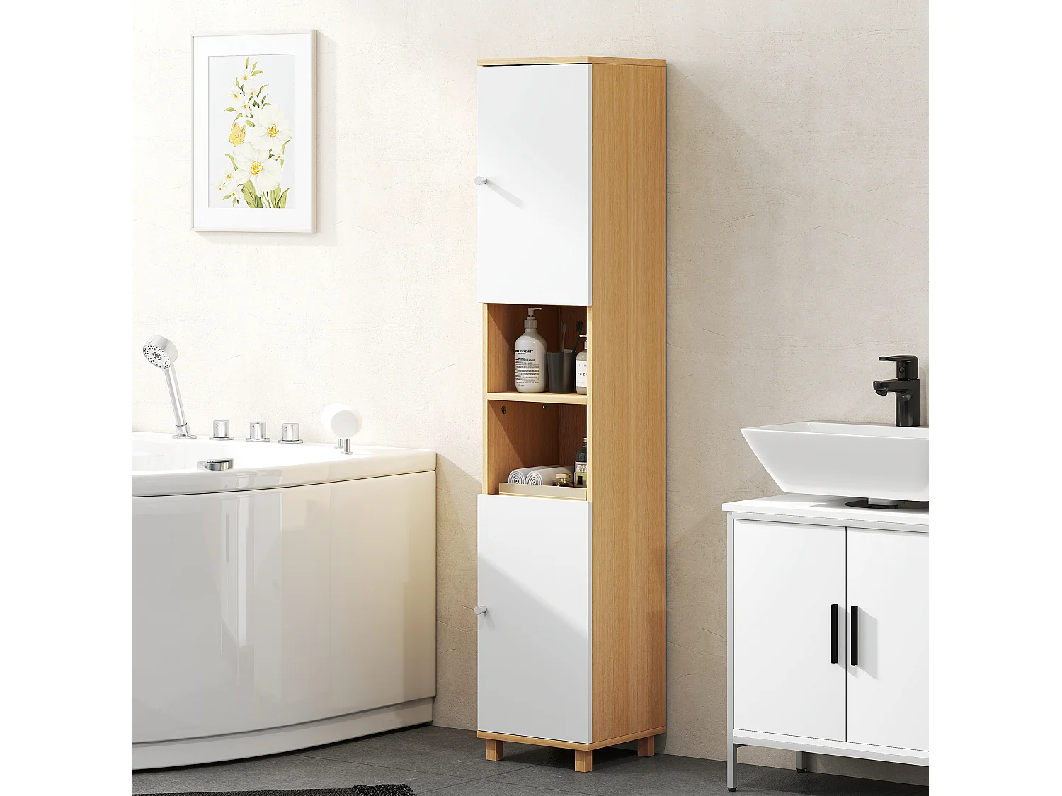 Colonna bagno con 2 armadietti e ripiani aperti bianco e legno