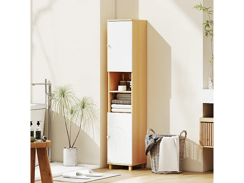 Colonna bagno con 2 armadietti e ripiani aperti bianco e legno