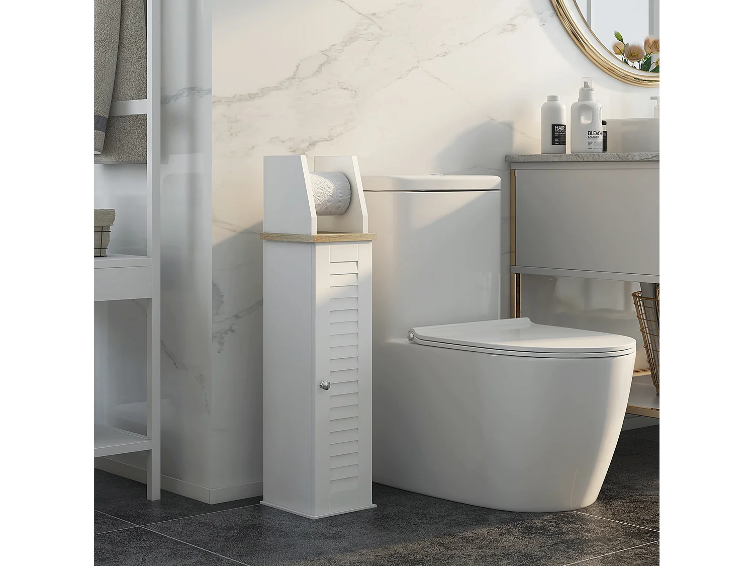 Mobile bagno porta carta igienica con armadietto e ripiano bianco