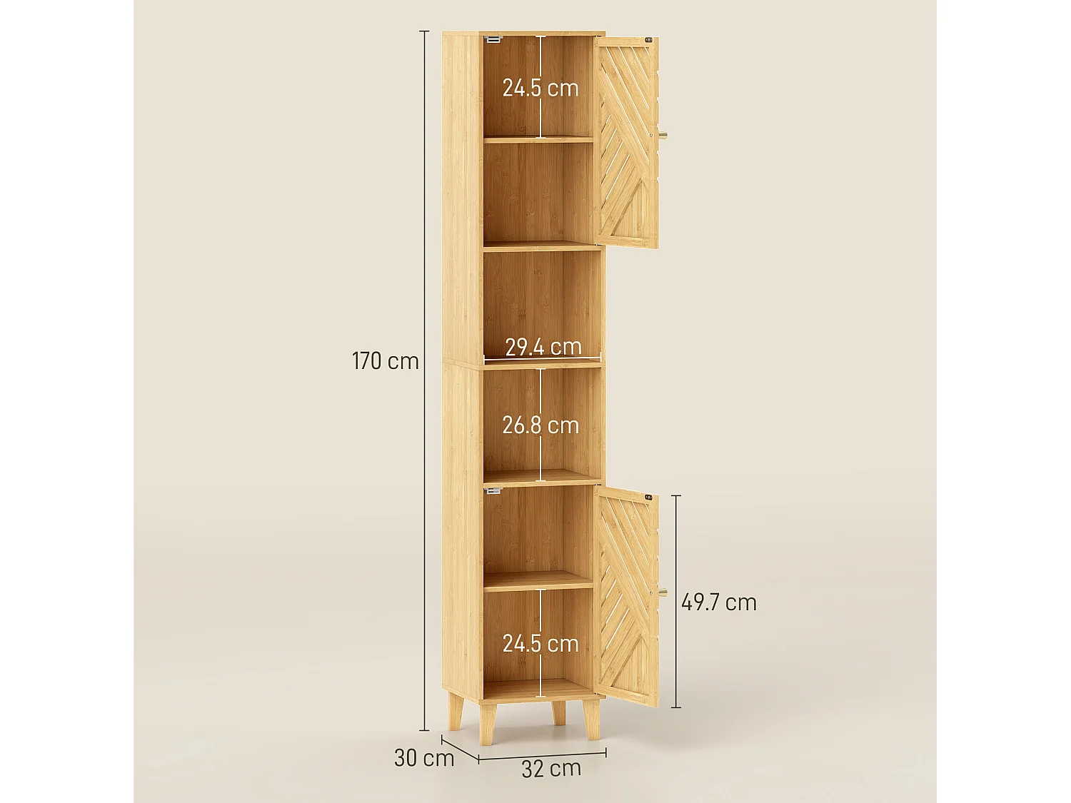 Mobile Colonna bagno con 2 armadietti e 2 ripiani aperti color legno