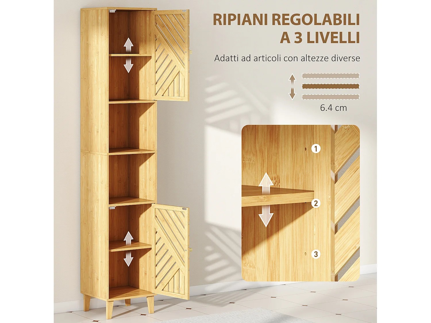 Mobile Colonna bagno con 2 armadietti e 2 ripiani aperti color legno