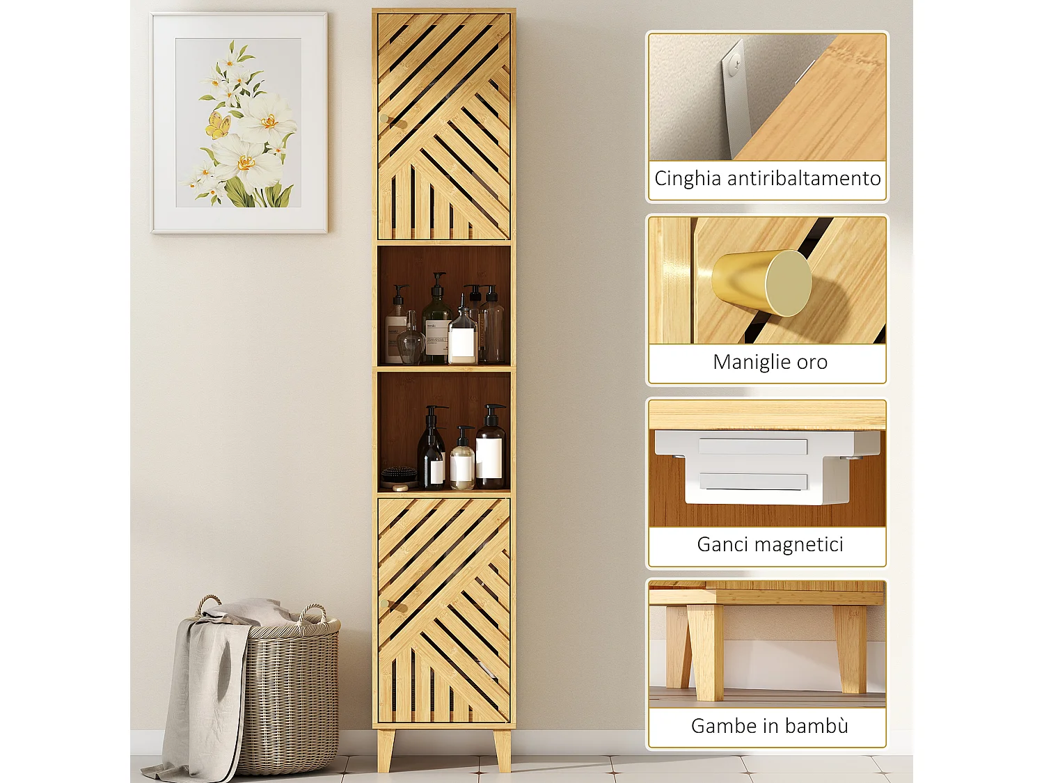 Mobile Colonna bagno con 2 armadietti e 2 ripiani aperti color legno