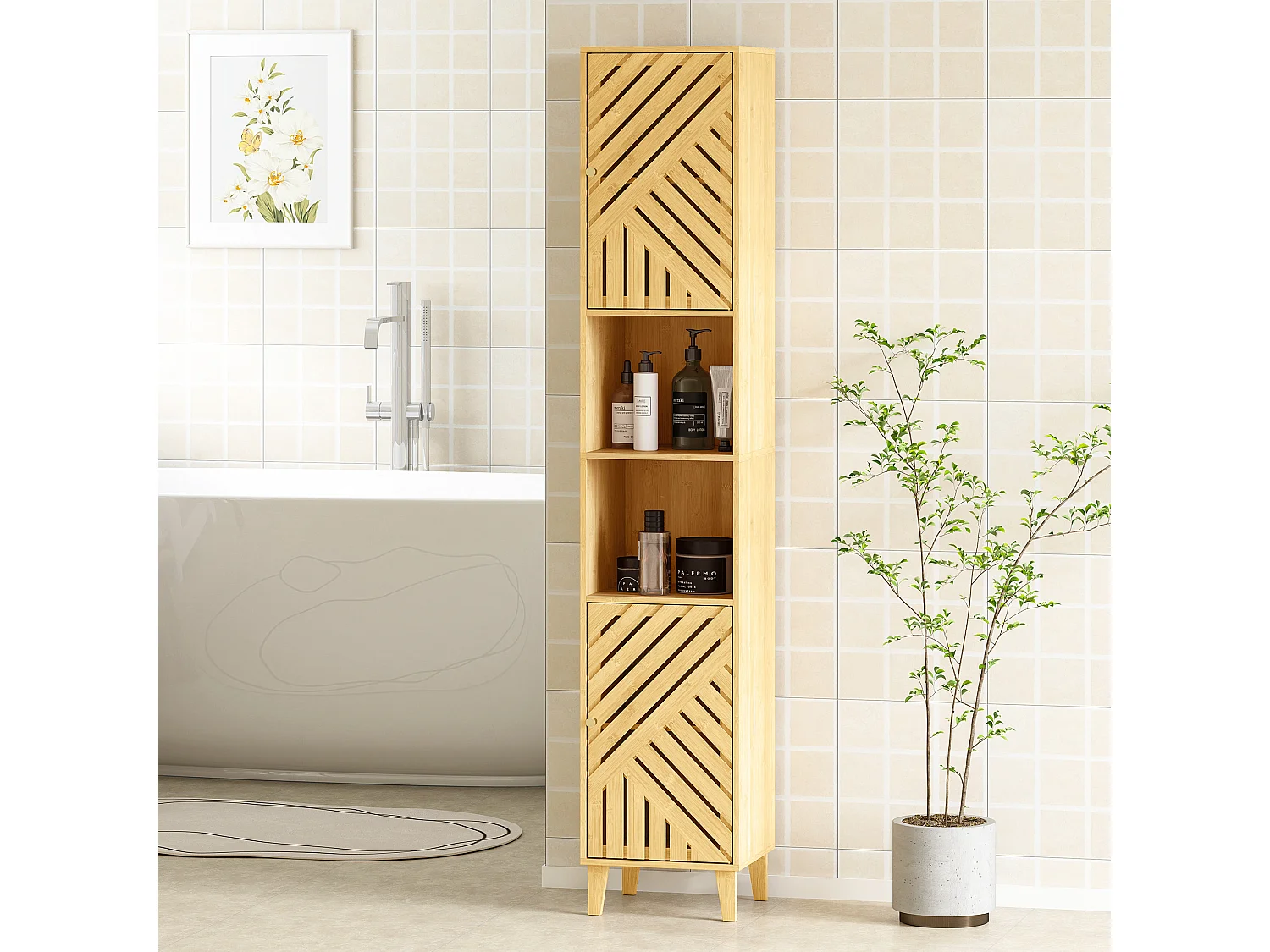 Mobile Colonna bagno con 2 armadietti e 2 ripiani aperti color legno