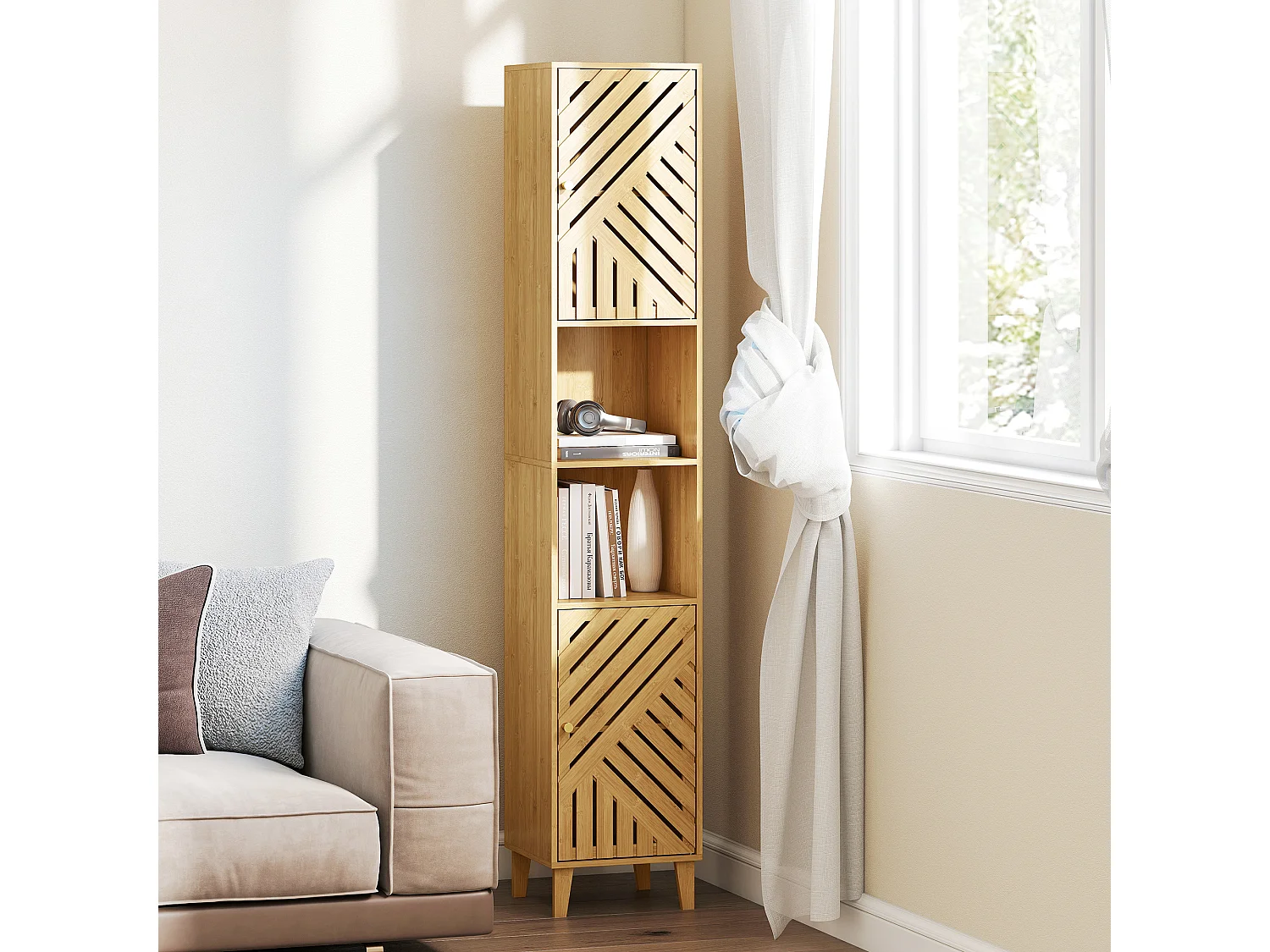 Mobile Colonna bagno con 2 armadietti e 2 ripiani aperti color legno