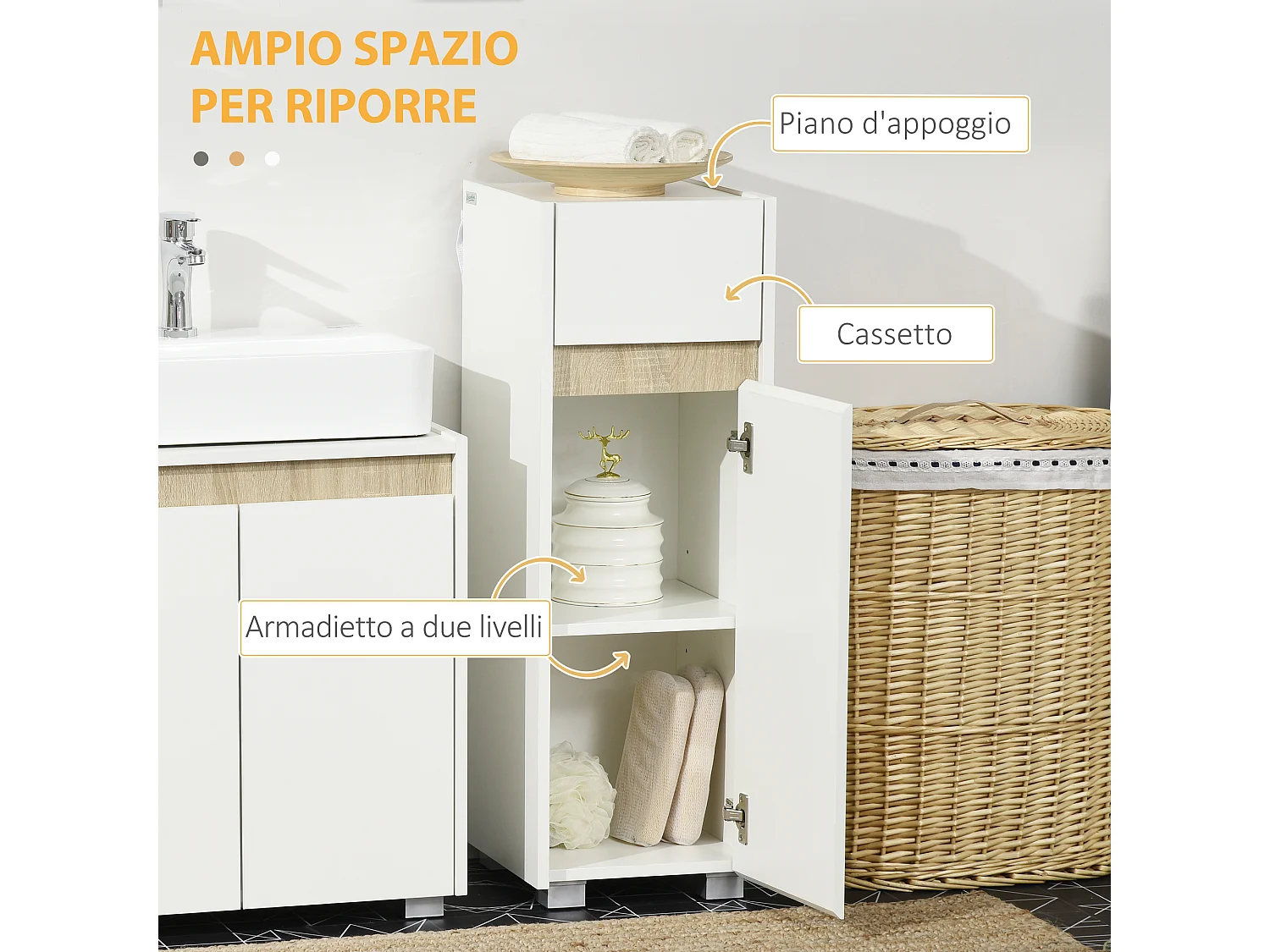 Mobile bagno in legno con cassetto e armadietto con ripiano