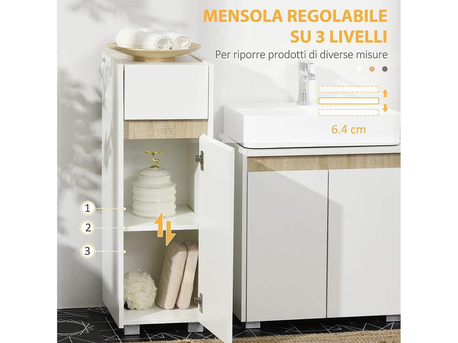 Mobile bagno in legno con cassetto e armadietto con ripiano