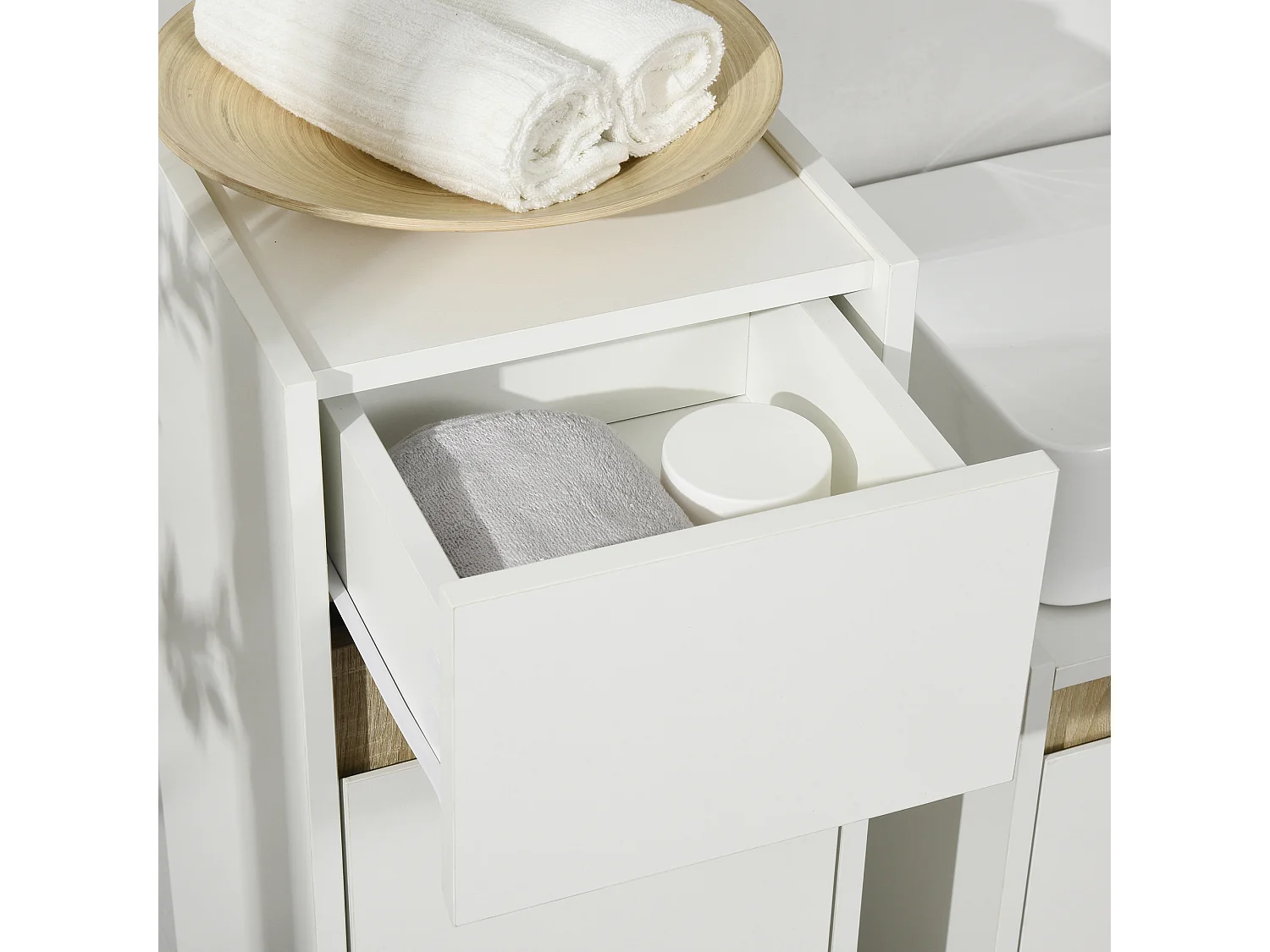Mobile bagno in legno con cassetto e armadietto con ripiano
