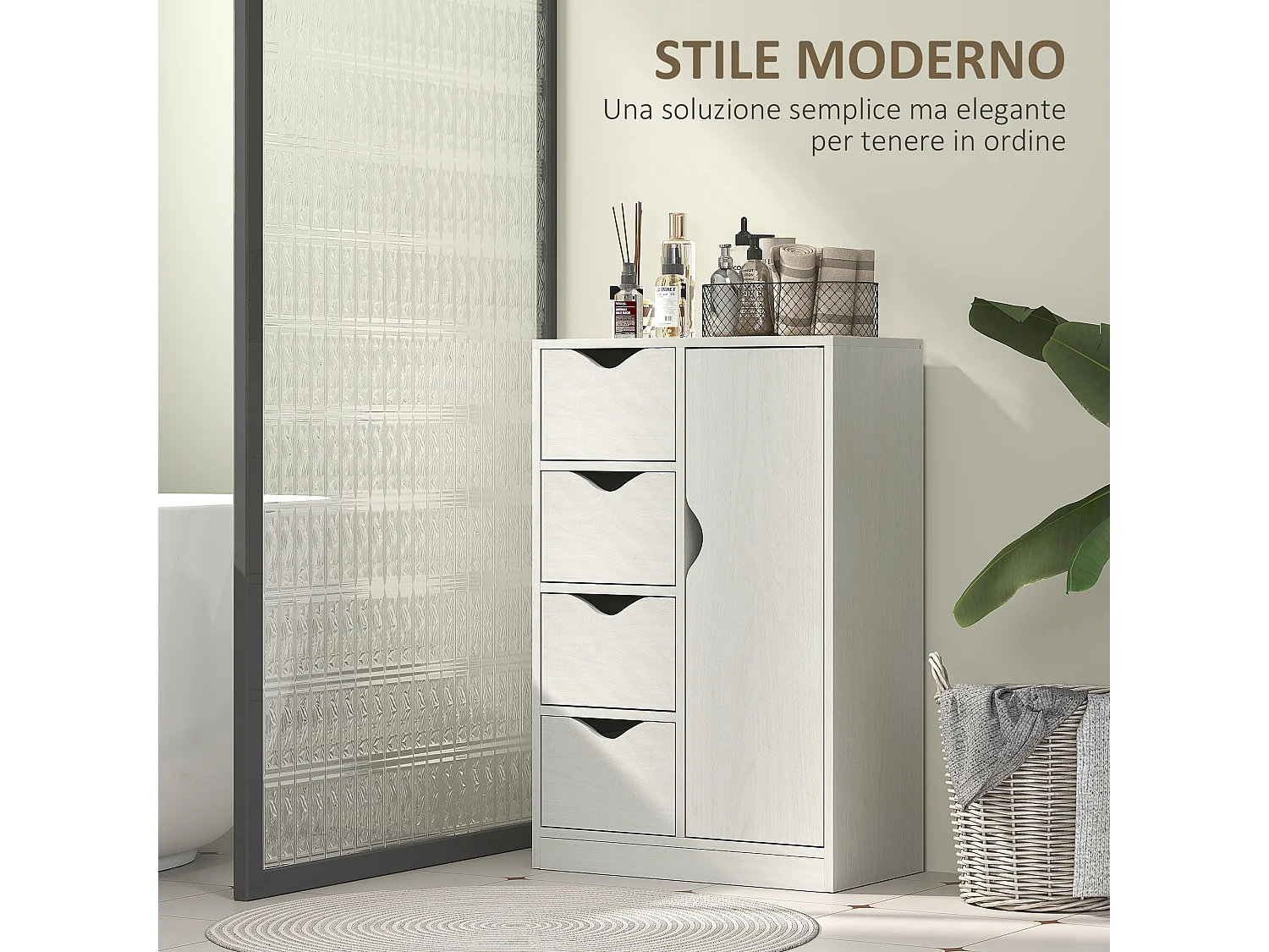 Mobile bagno con 4 cassetti e armadietto a 2 livelli in legno bianco