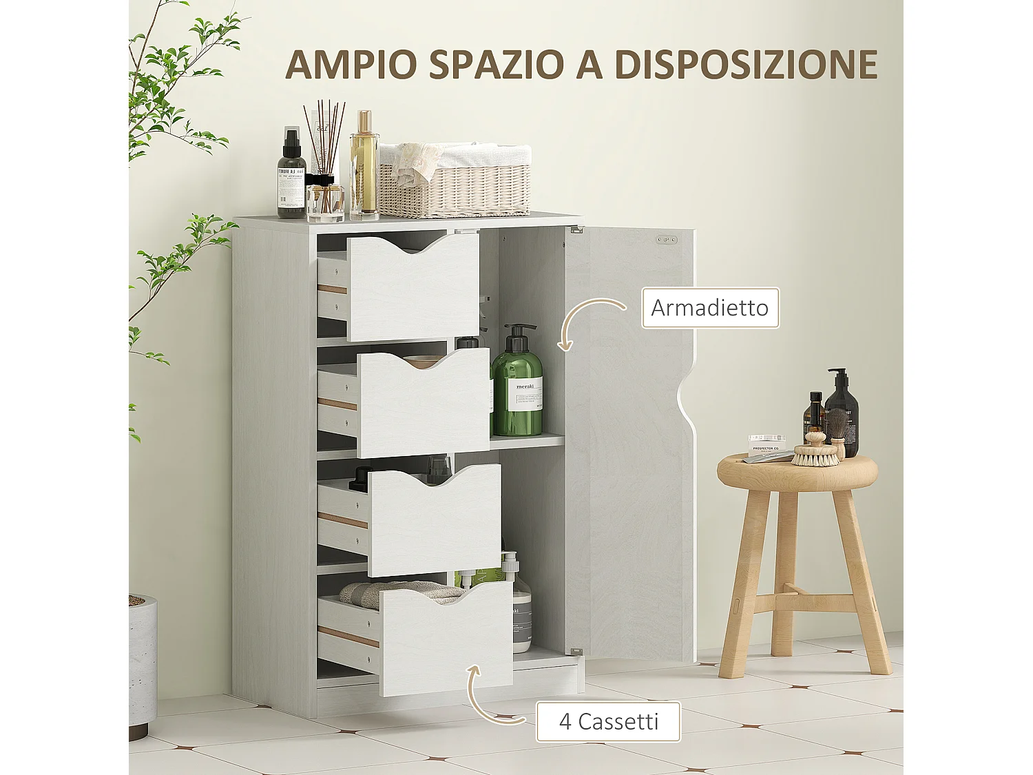 Mobile bagno con 4 cassetti e armadietto a 2 livelli in legno bianco