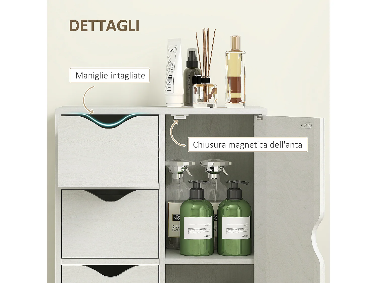 Mobile bagno con 4 cassetti e armadietto a 2 livelli in legno bianco