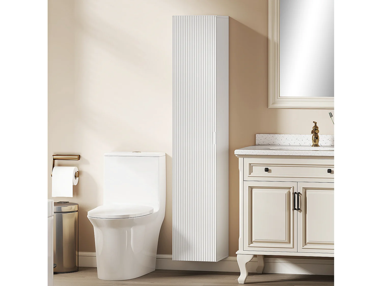 Colonna bagno sospesa con ripiani regolabili e soft close bianco