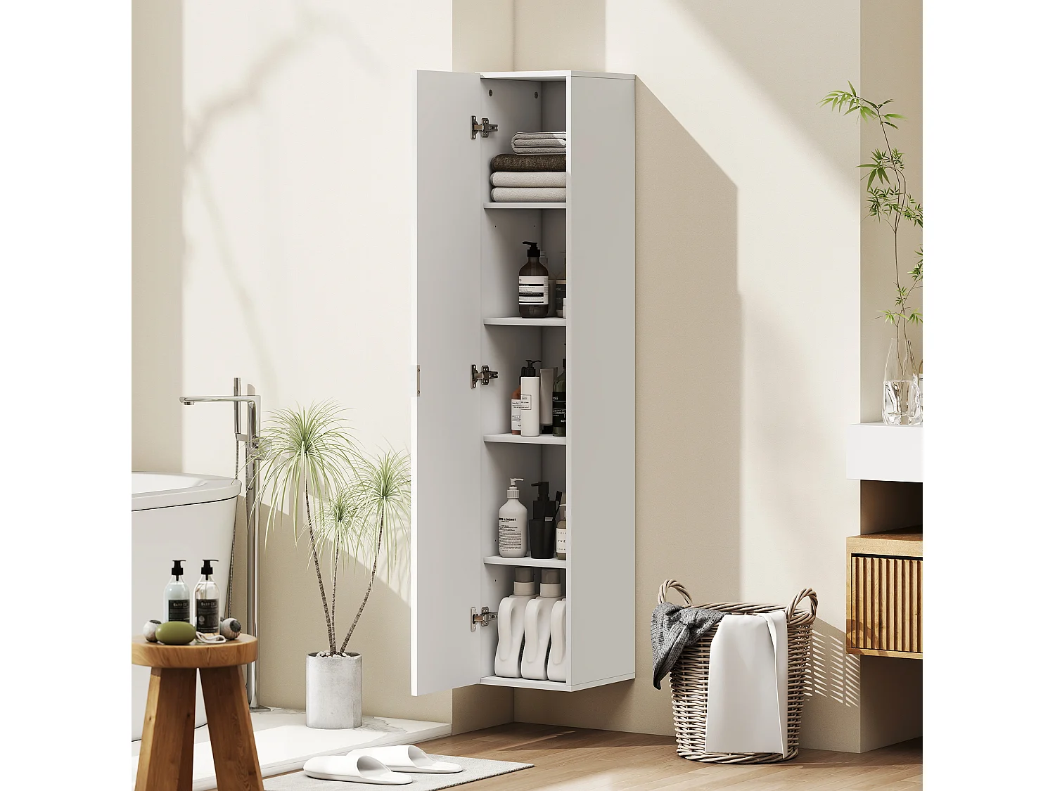 Colonna bagno sospesa con ripiani regolabili e soft close bianco