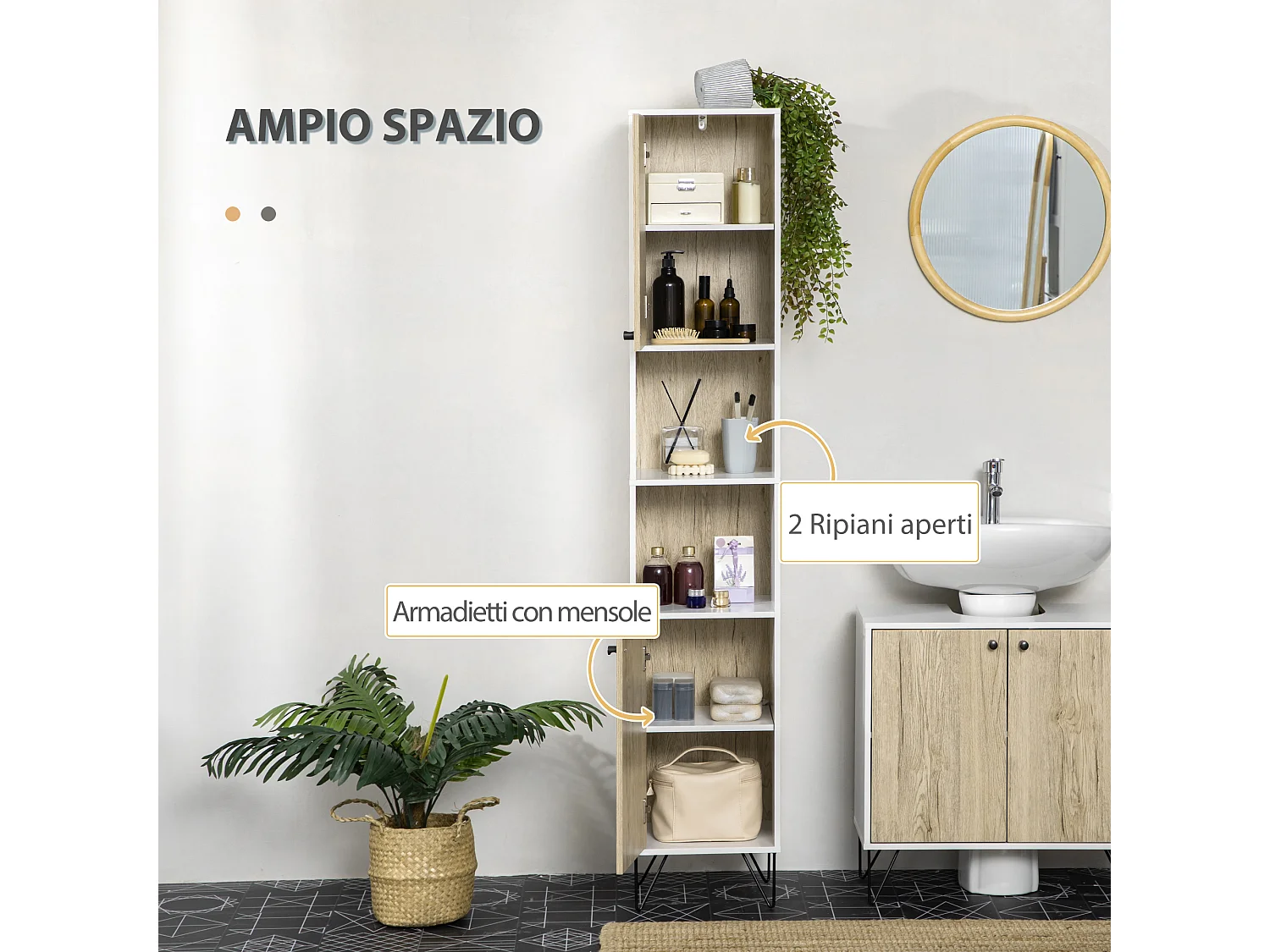 Colonna bagno 2 ripiani aperti e 2 armadietti in truciolato