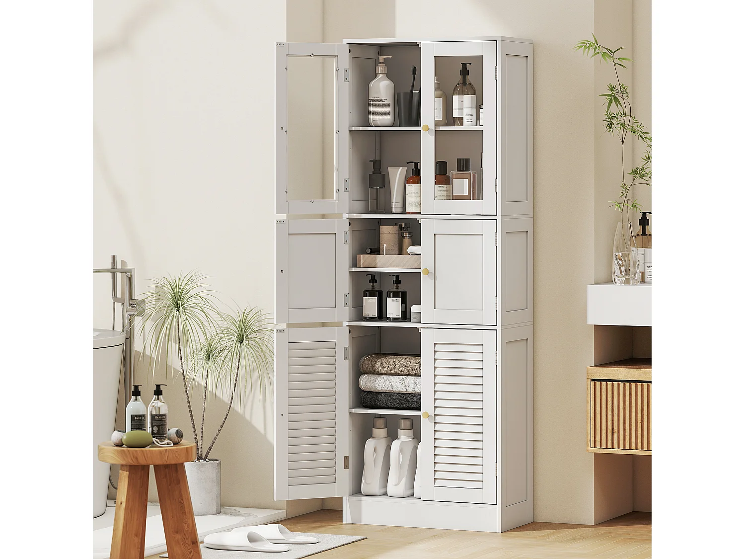 Mobile bagno con 3 armadietti e ripiani regolabili 60x30x170 cm bianco