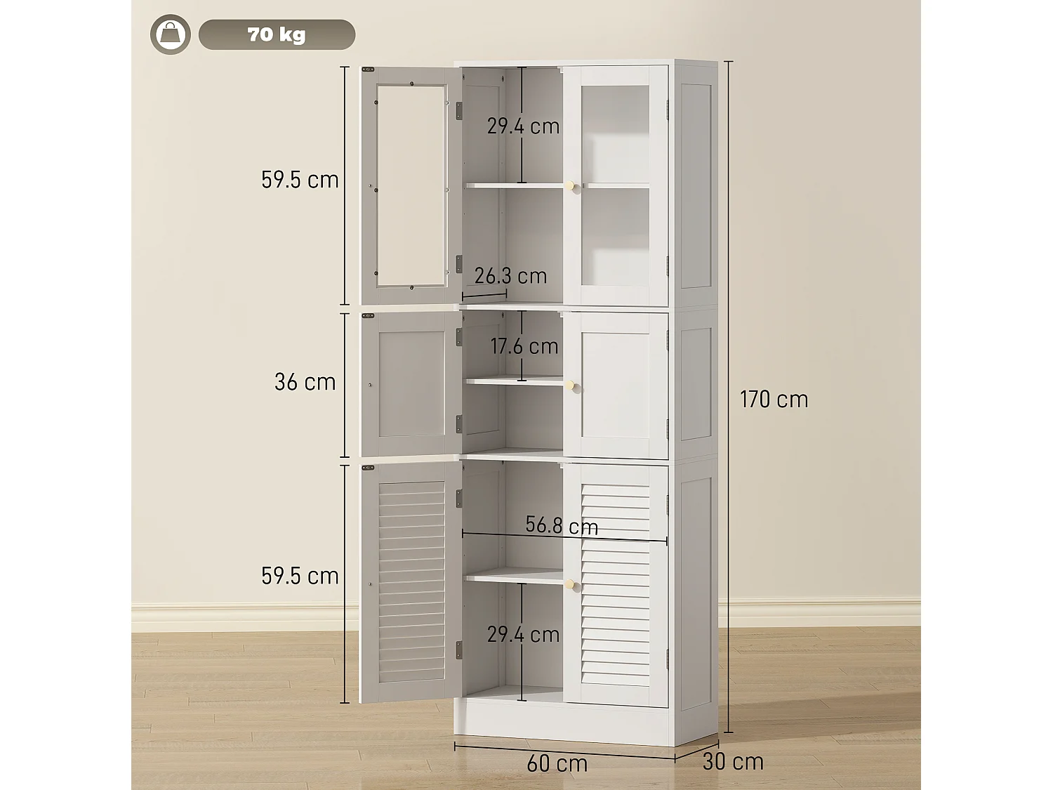 Mobile bagno con 3 armadietti e ripiani regolabili 60x30x170 cm bianco