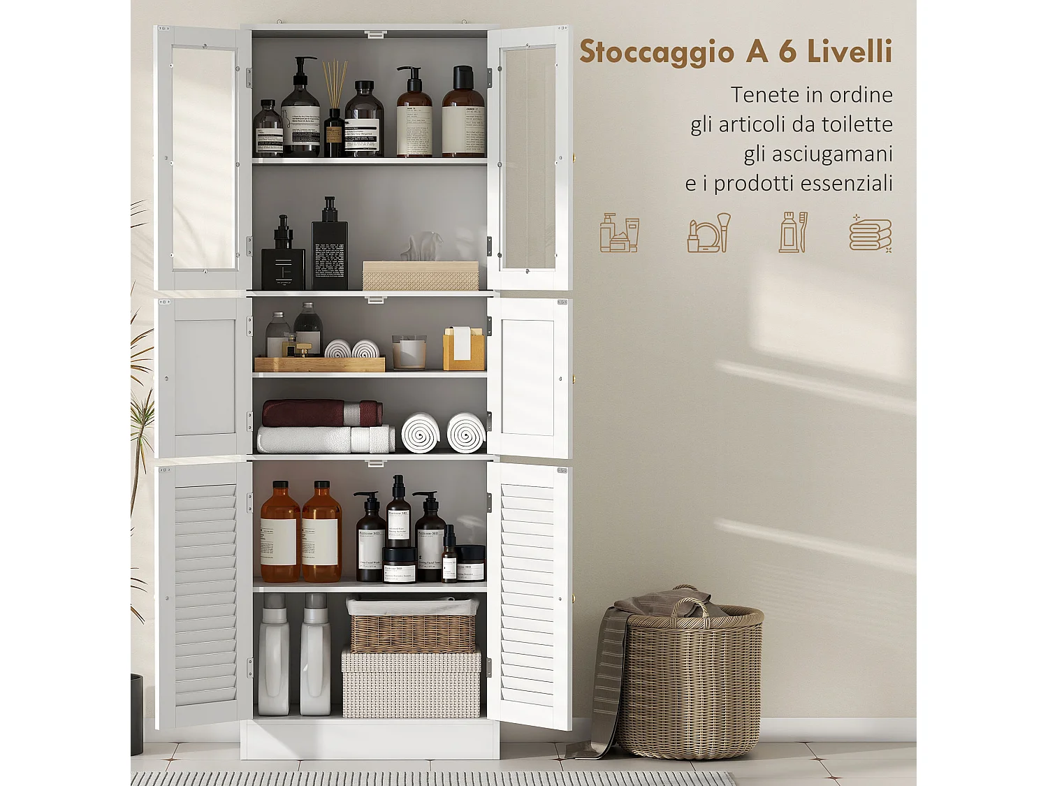 Mobile bagno con 3 armadietti e ripiani regolabili 60x30x170 cm bianco