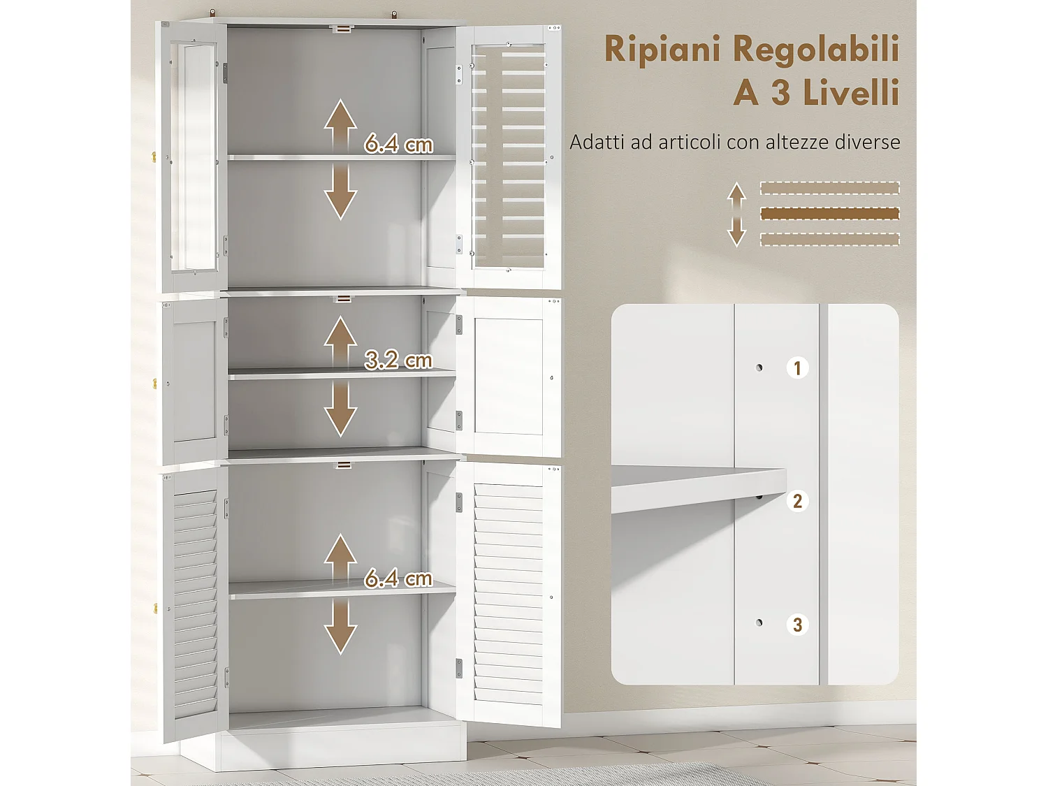 Mobile bagno con 3 armadietti e ripiani regolabili 60x30x170 cm bianco