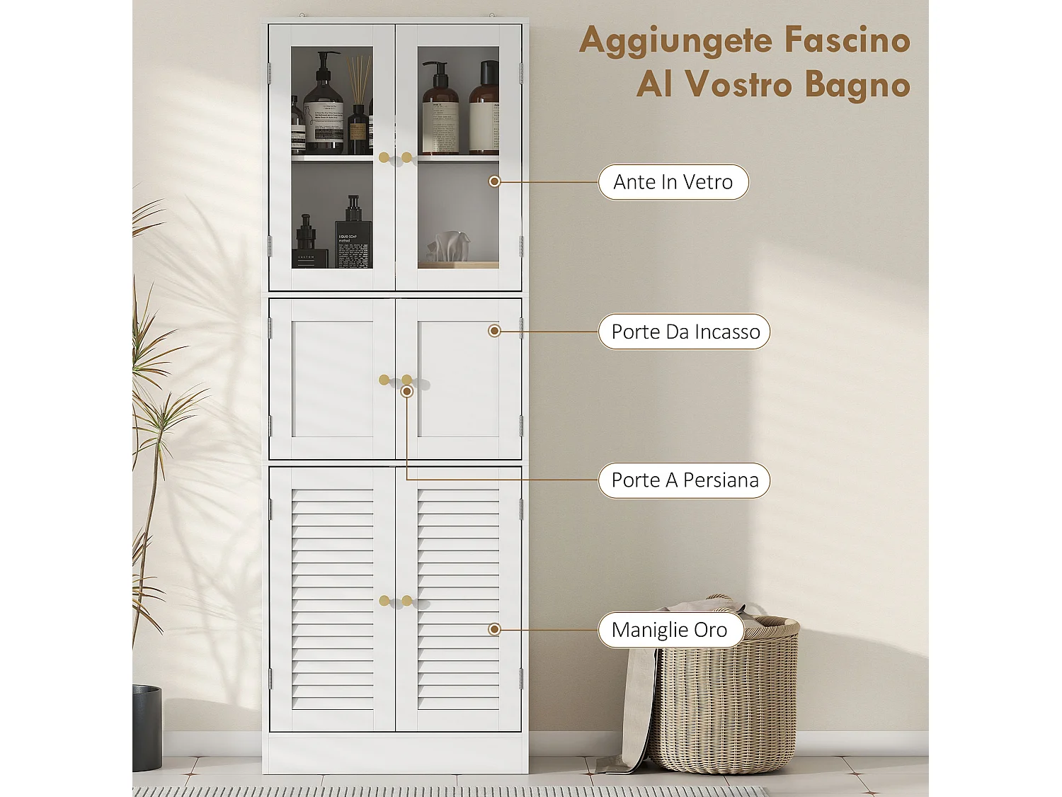 Mobile bagno con 3 armadietti e ripiani regolabili 60x30x170 cm bianco