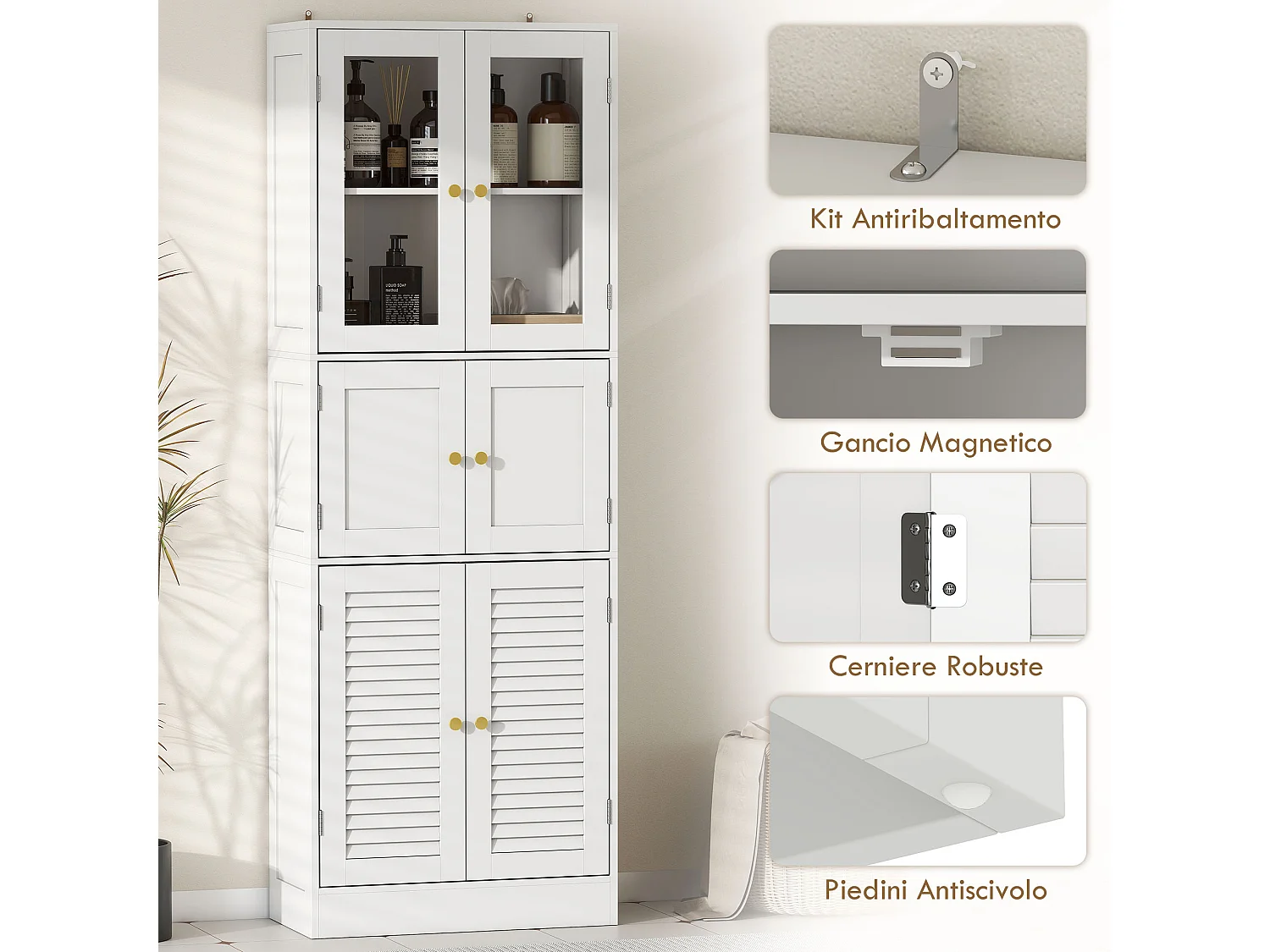 Mobile bagno con 3 armadietti e ripiani regolabili 60x30x170 cm bianco