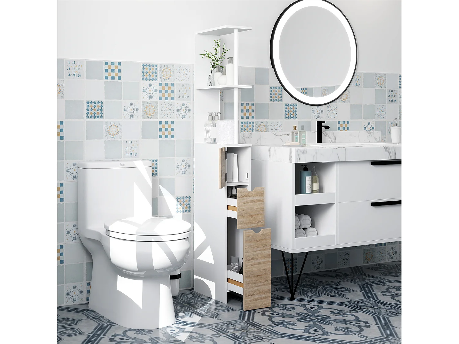 Colonna bagno salvaspazio con armadietto 2 cassetti e 2 ripiani legno