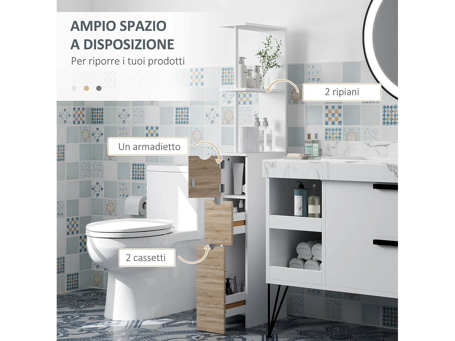Colonna bagno salvaspazio con armadietto 2 cassetti e 2 ripiani legno