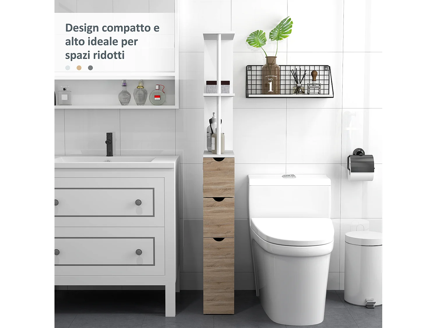 Colonna bagno salvaspazio con armadietto 2 cassetti e 2 ripiani legno