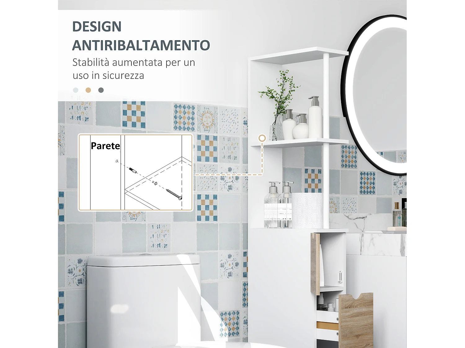 Colonna bagno salvaspazio con armadietto 2 cassetti e 2 ripiani legno