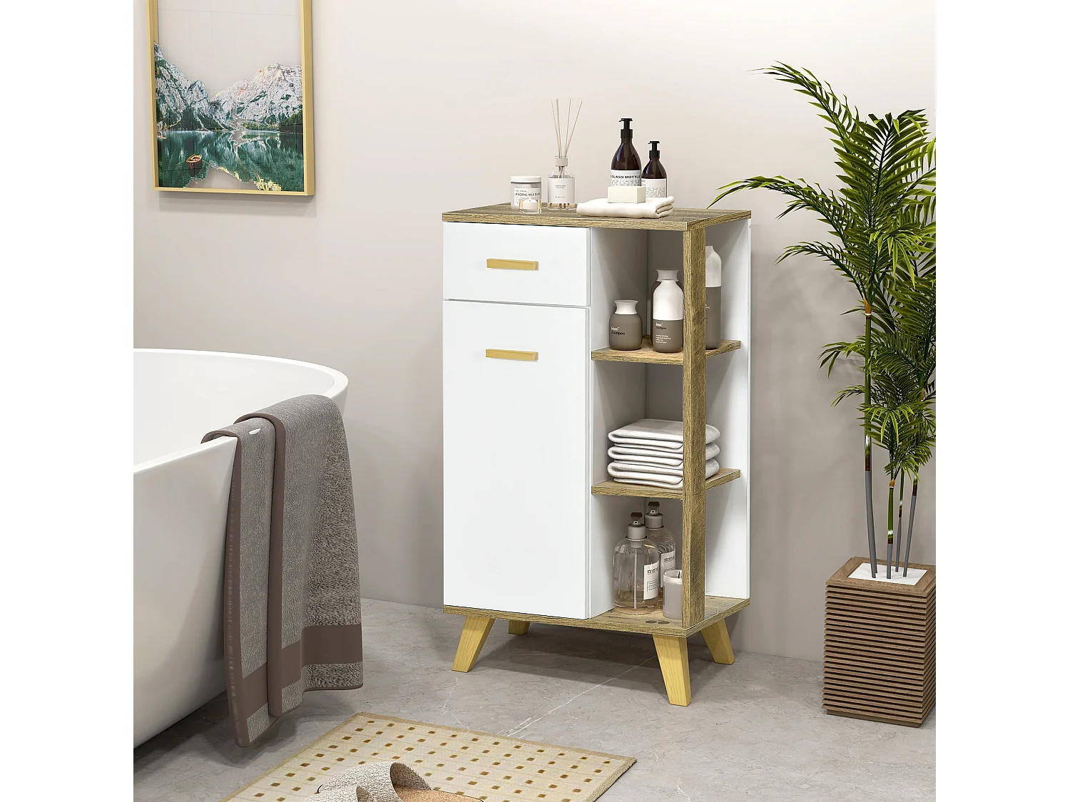 Mobile bagno moderno in legno con armadietto e cassetto