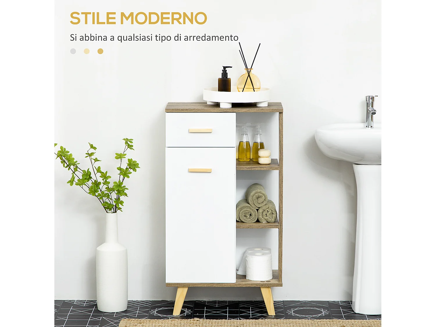 Mobile bagno moderno in legno con armadietto e cassetto