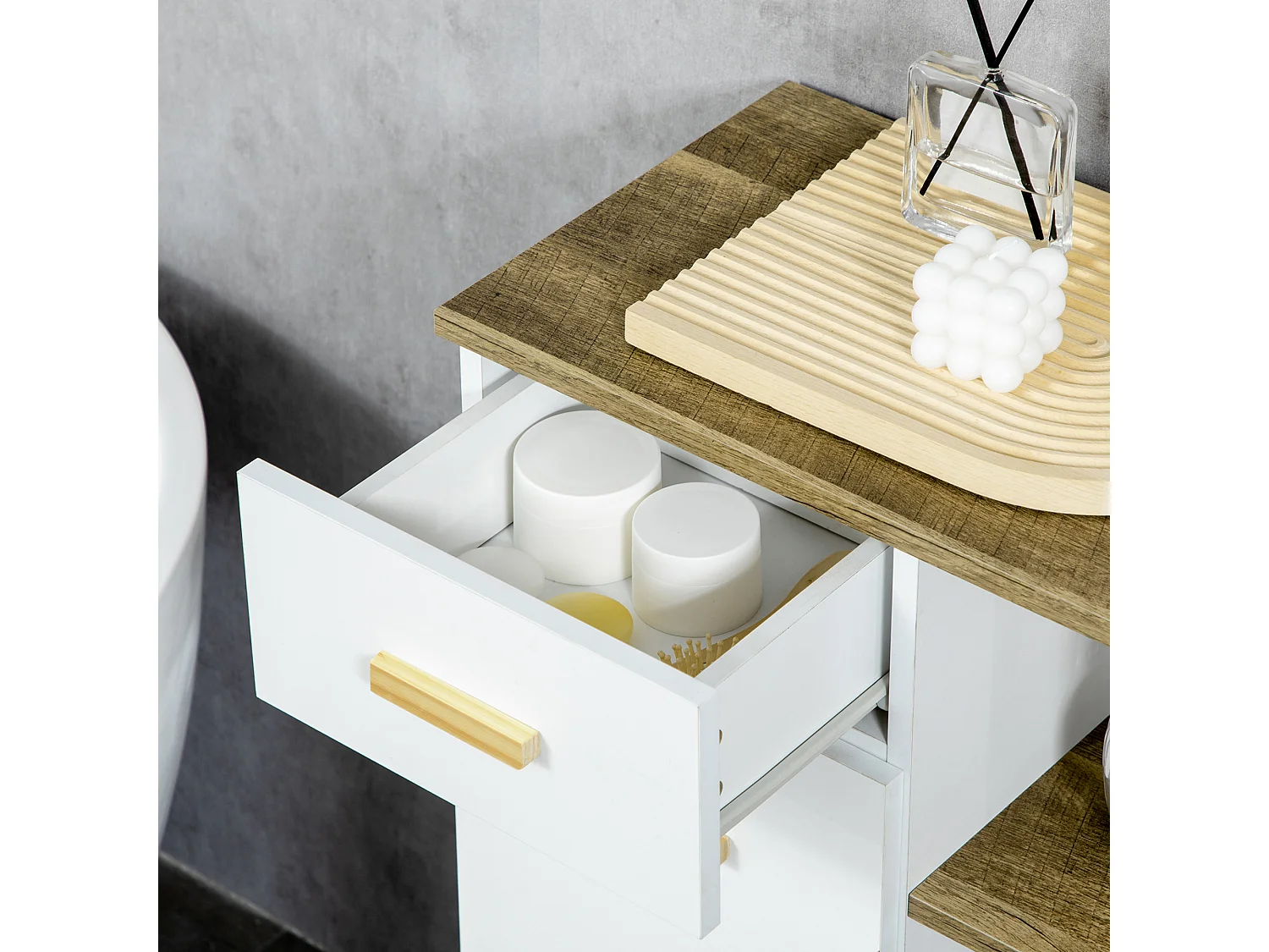 Mobile bagno moderno in legno con armadietto e cassetto