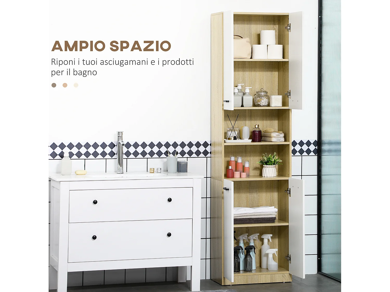 Mobile bagno con 2 armadietti ad ante e 2 ripiani aperti