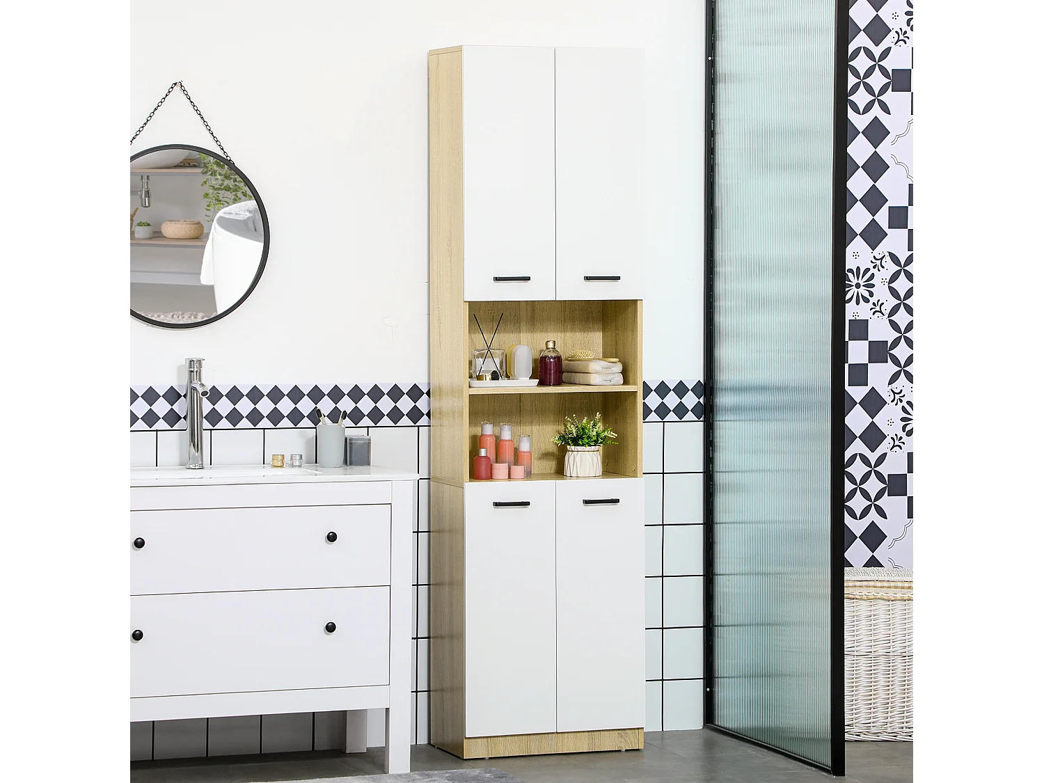 Mobile bagno con 2 armadietti ad ante e 2 ripiani aperti