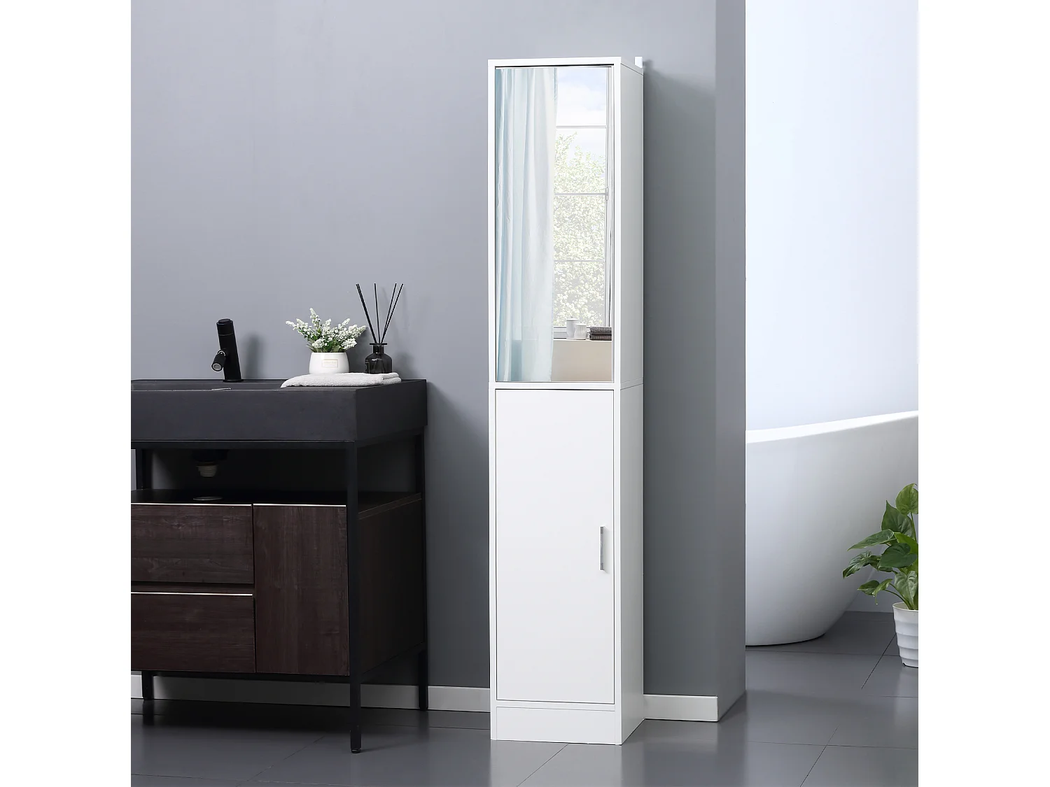 Mobile colonna bagno in legno a 5 ripiani con anta a specchio bianco