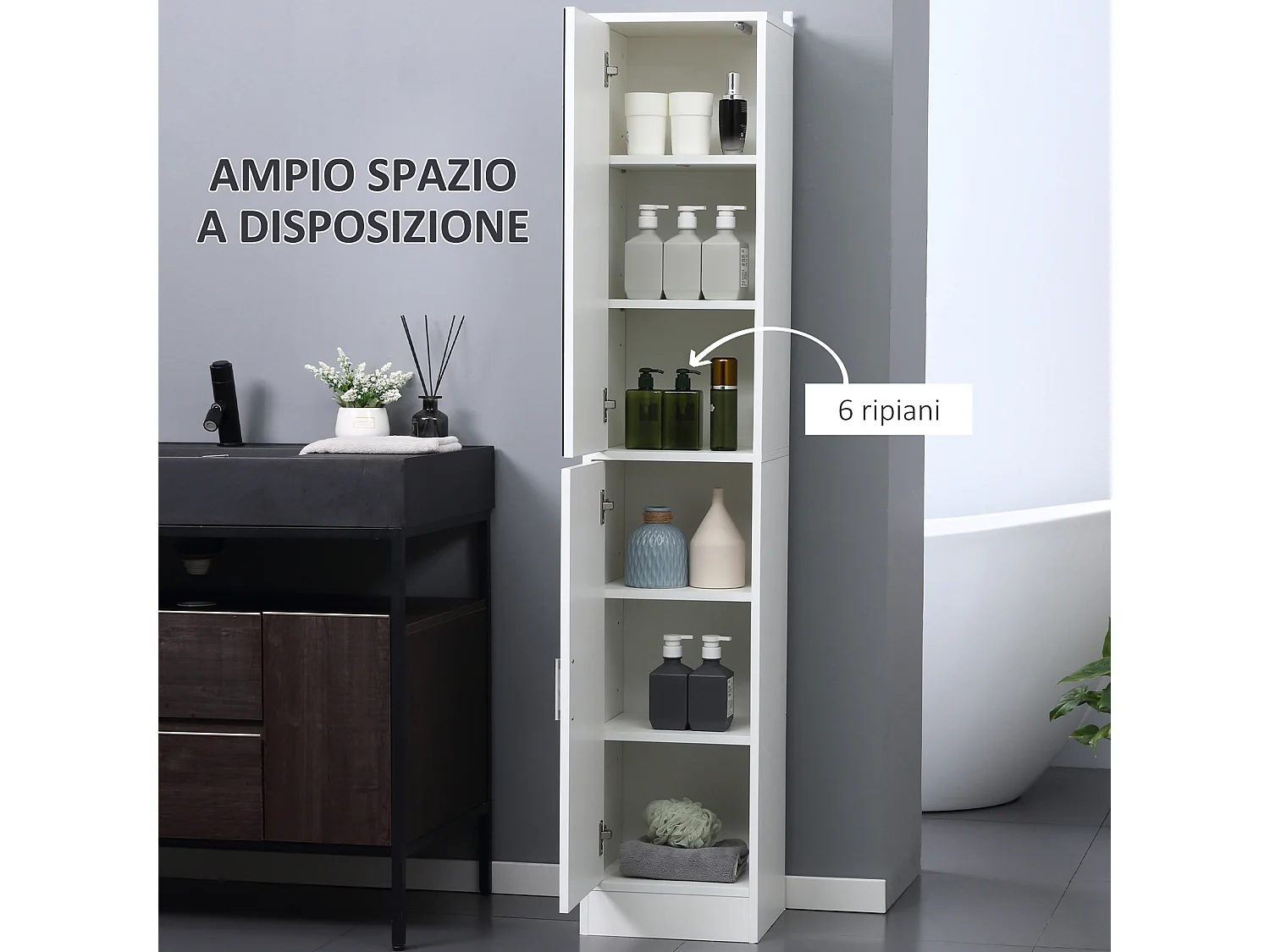 Mobile colonna bagno in legno a 5 ripiani con anta a specchio bianco