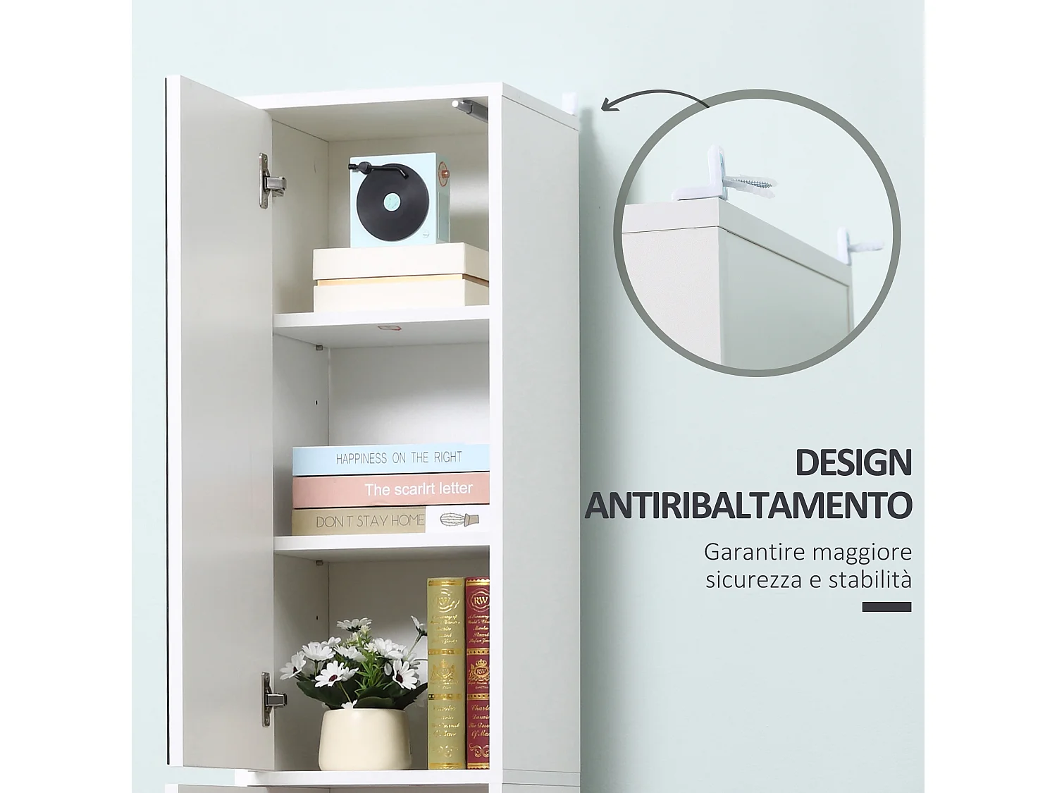 Mobile colonna bagno in legno a 5 ripiani con anta a specchio bianco