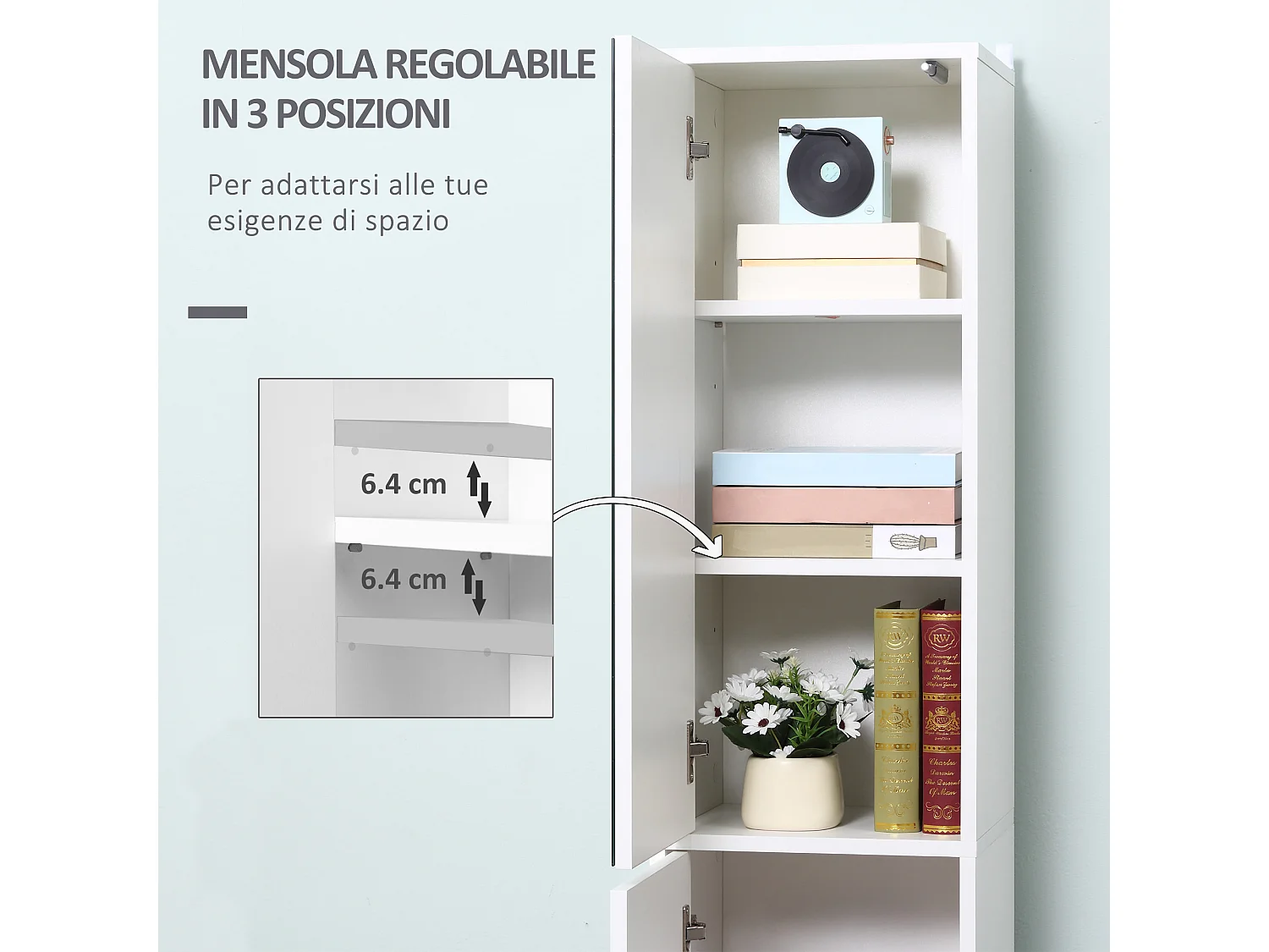 Mobile colonna bagno in legno a 5 ripiani con anta a specchio bianco