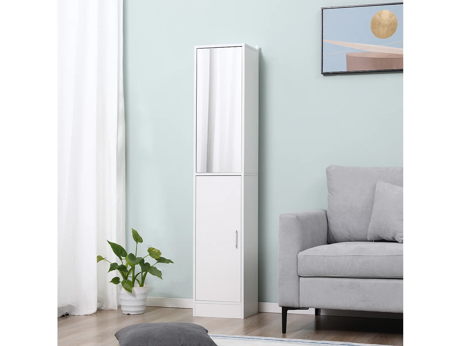 Mobile colonna bagno in legno a 5 ripiani con anta a specchio bianco