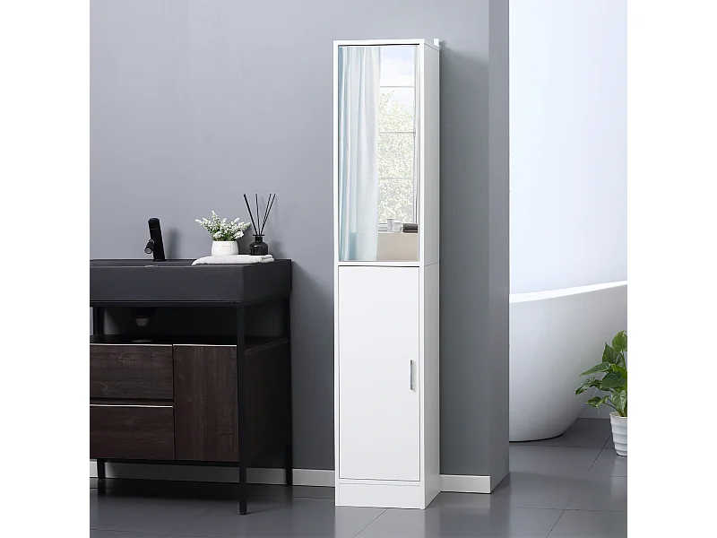 Mobile colonna bagno in legno a 5 ripiani con anta a specchio bianco