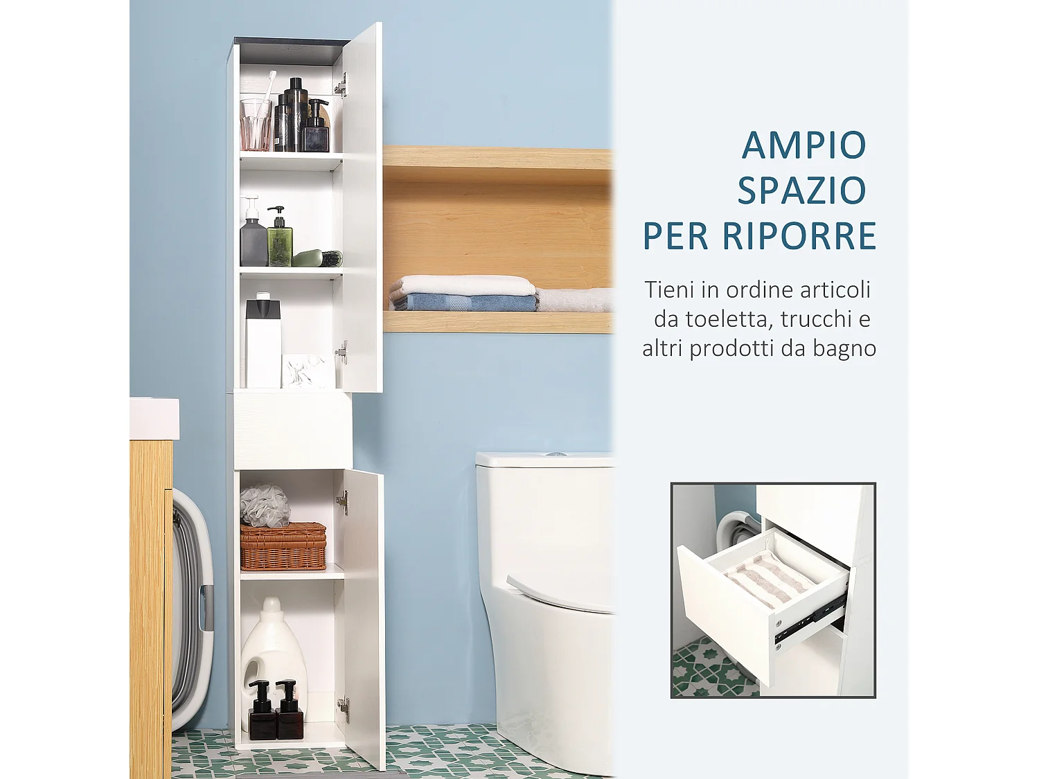 Mobile bagno con 2 ripiani chiusi 1 cassetto in legno bianco