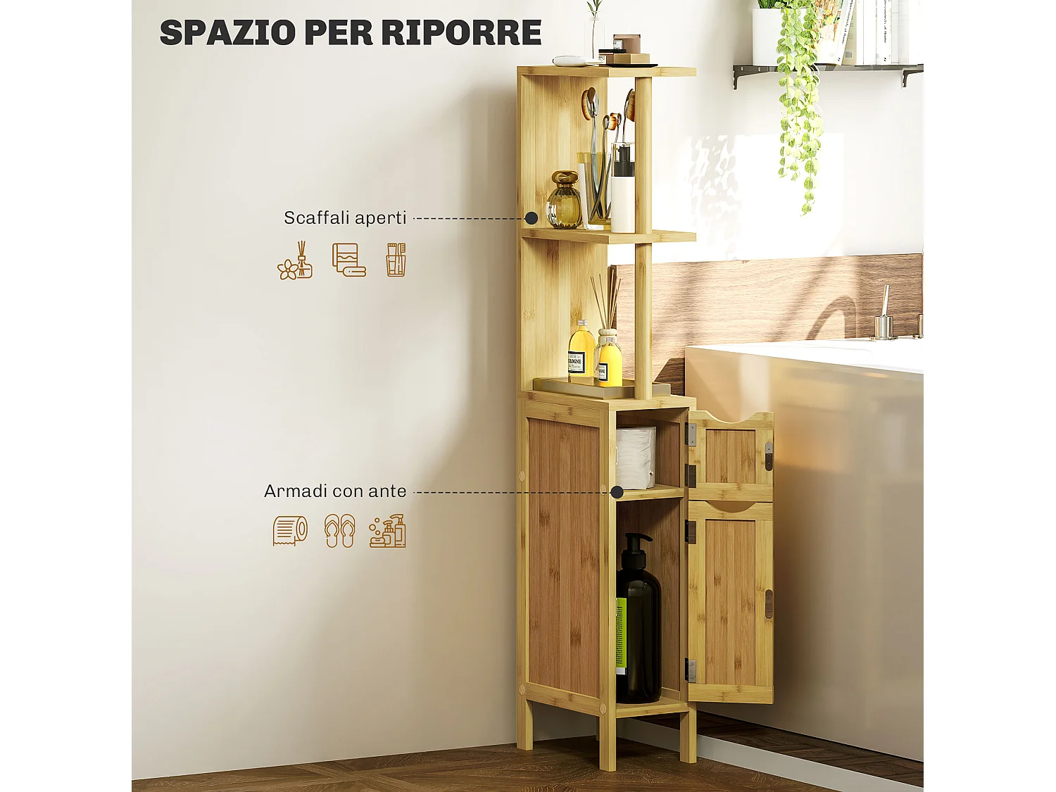Colonna bagno con ripiani aperti e armadietti in legno