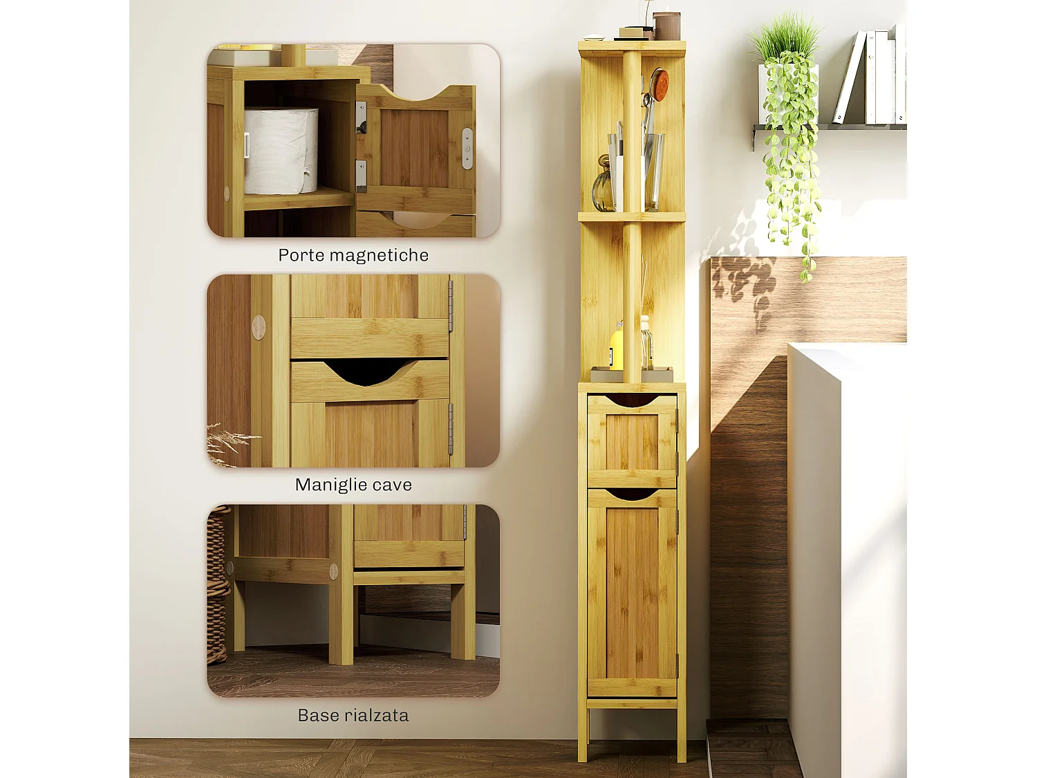 Colonna bagno con ripiani aperti e armadietti in legno