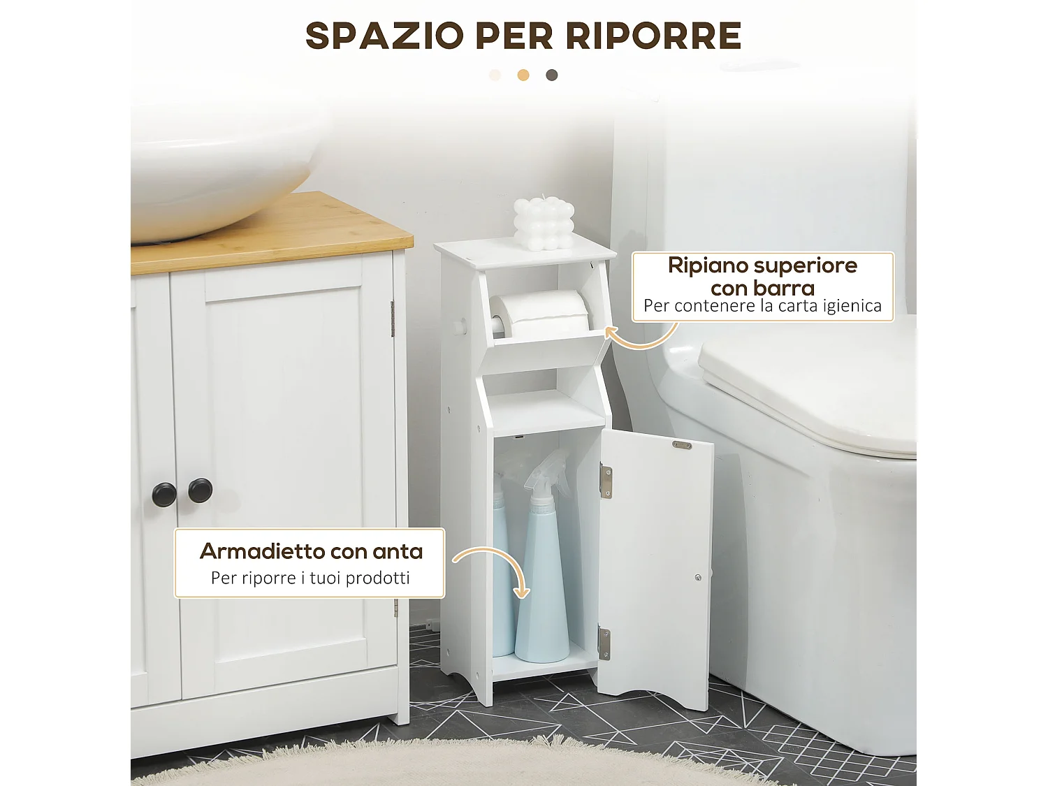 Mobiletto bagno con area per carta igienica e armadietto