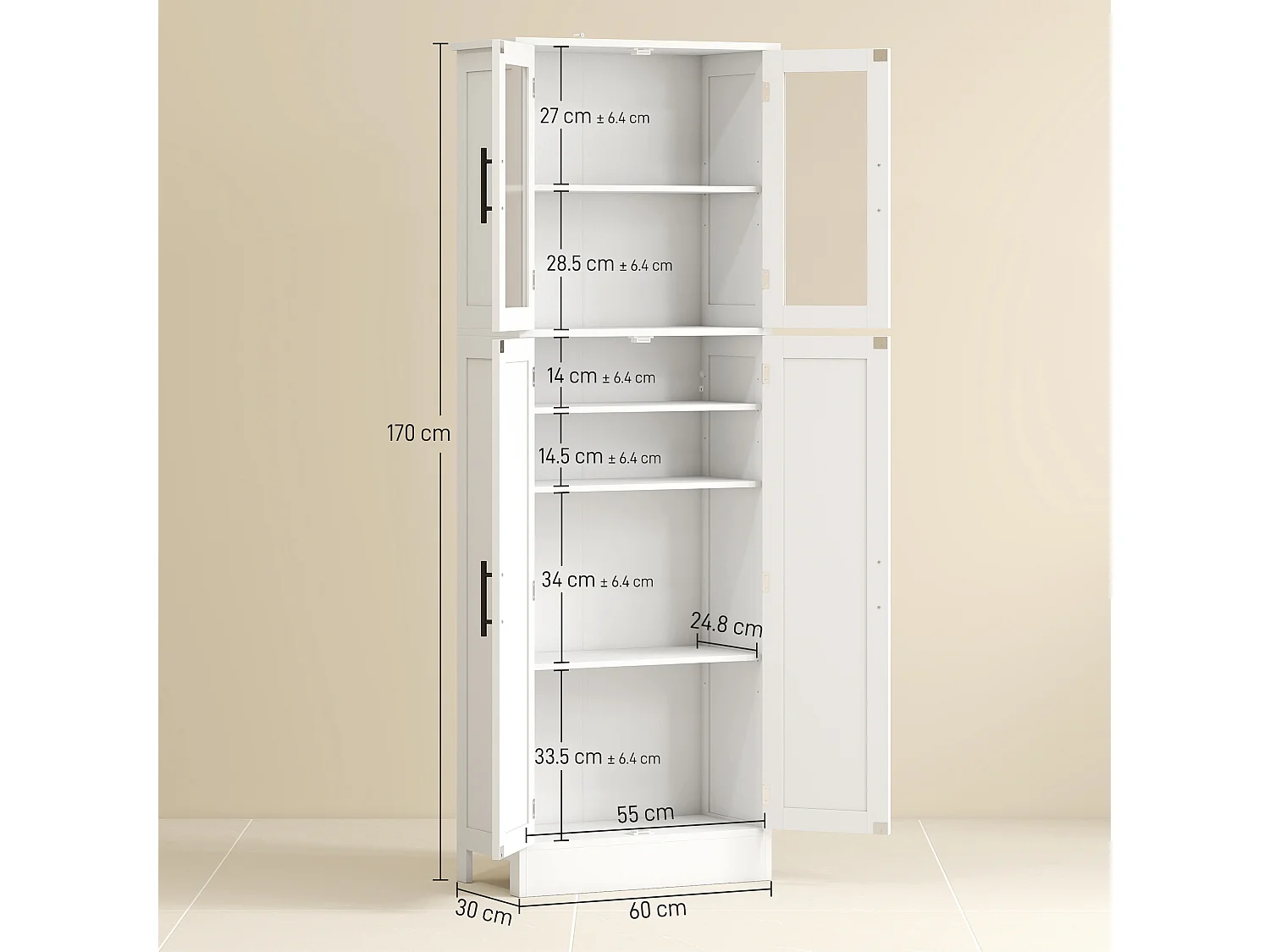 Mobile bagno alto con ripiani regolabili ante in vetro e legno bianco