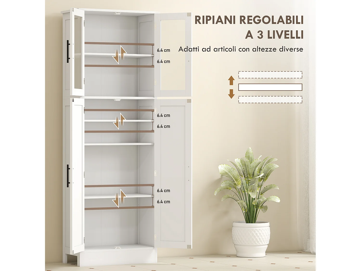 Mobile bagno alto con ripiani regolabili ante in vetro e legno bianco