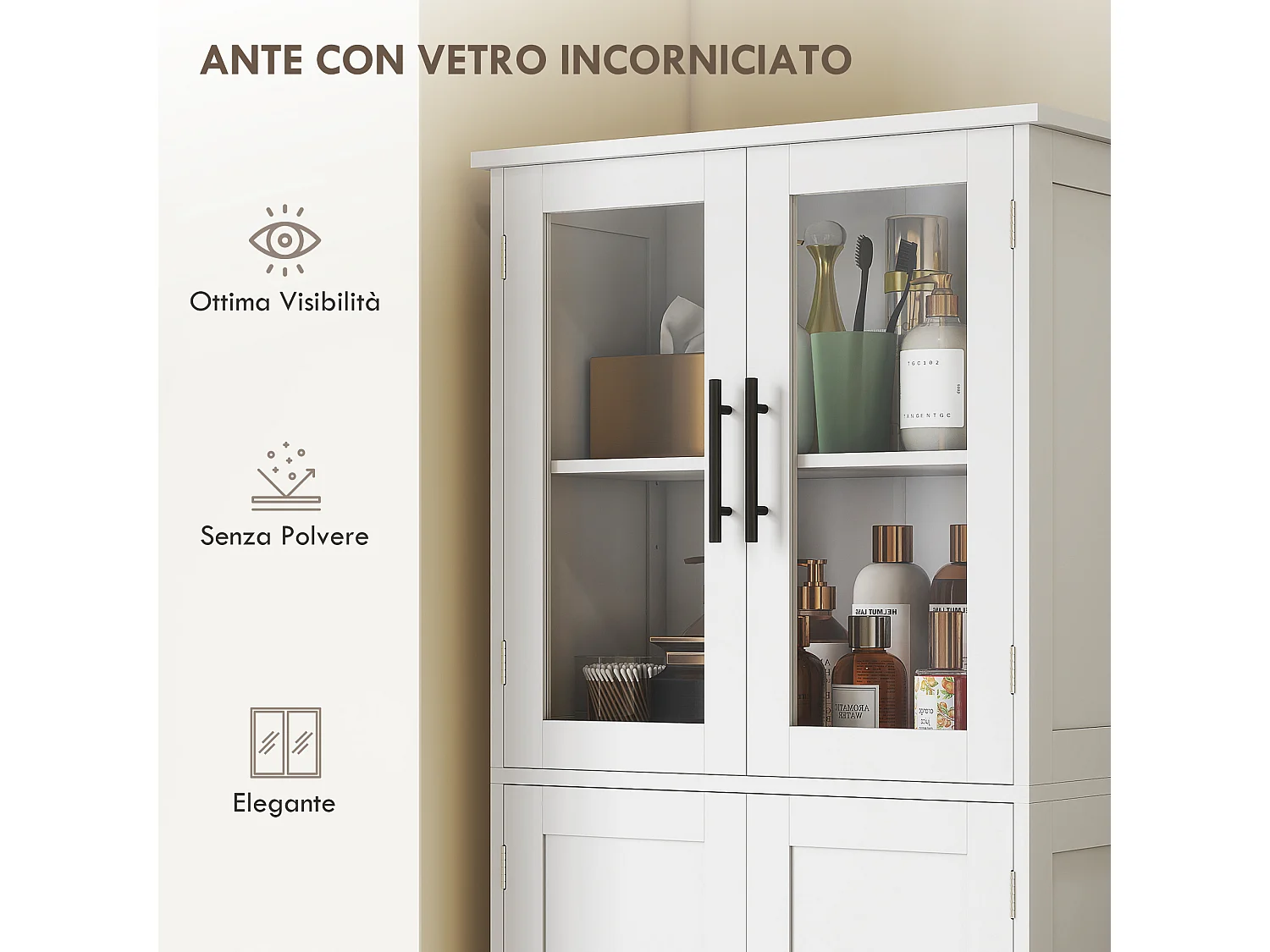 Mobile bagno alto con ripiani regolabili ante in vetro e legno bianco